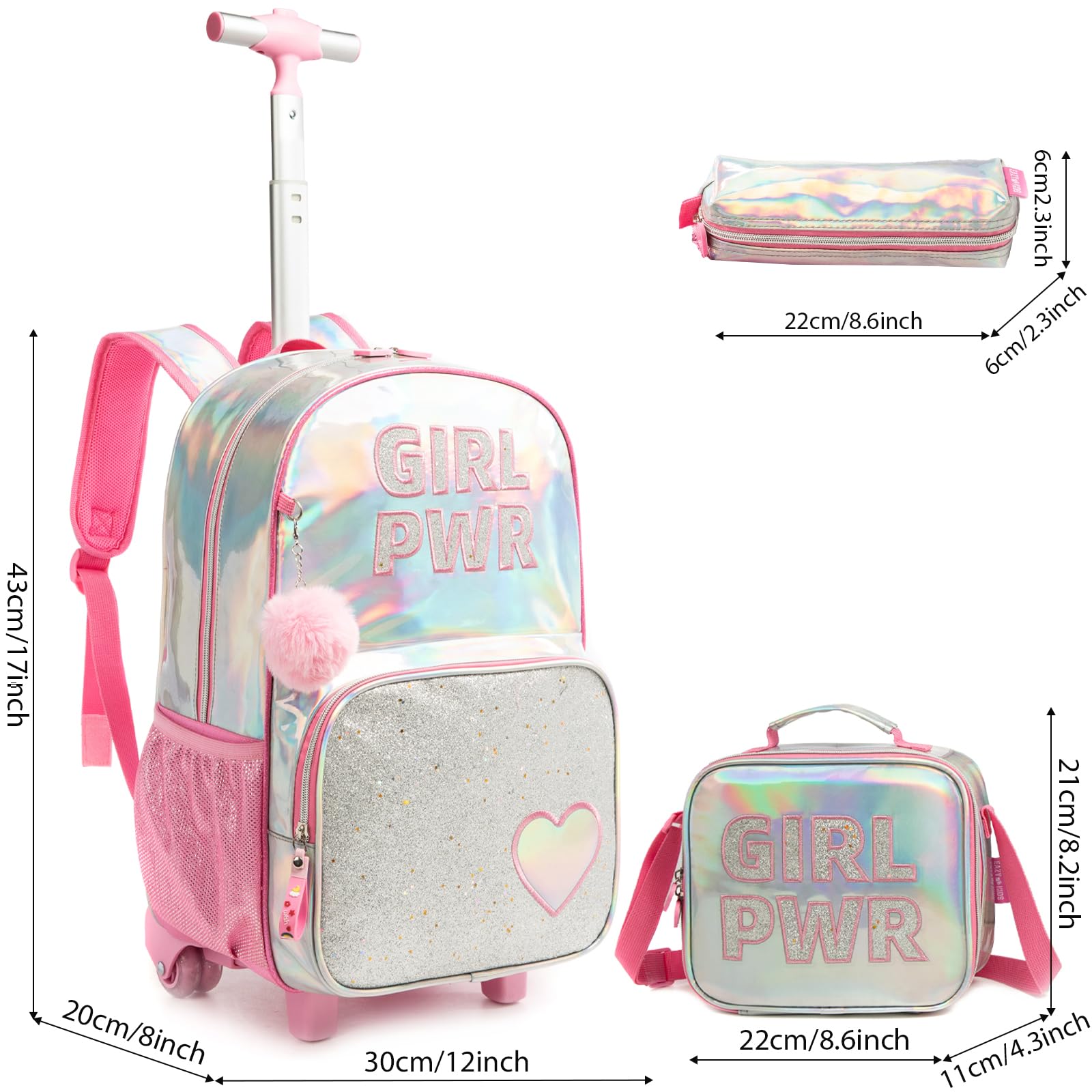 Kinder Rucksack mit Rollen für Mädchen die Schule Ledermaterial Koffer Schultrolley Komplett mit Lunchbag und Federmäppchen-Set Geeignet Grundschüler Jugendliche 5-12 Jahre Alt Rosa