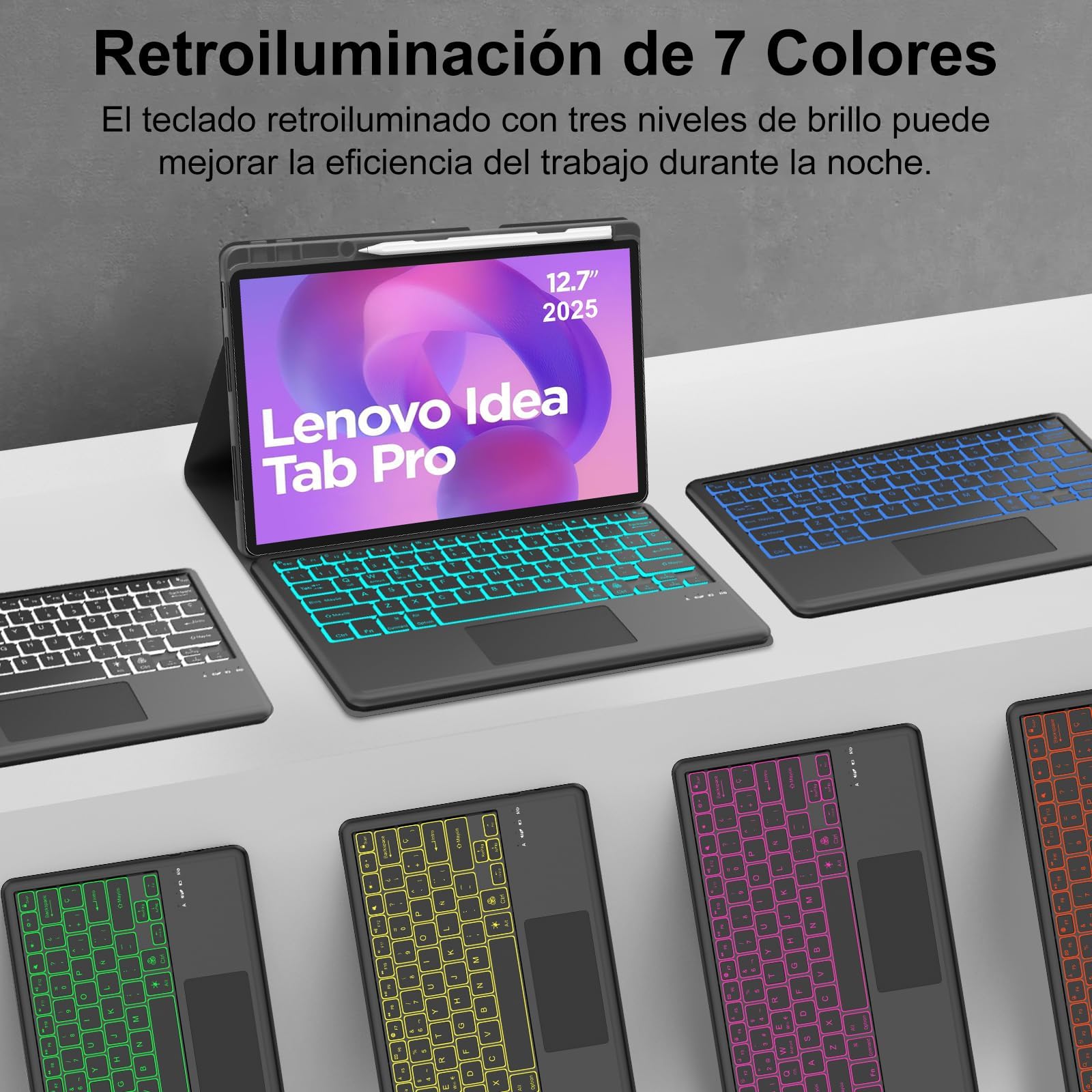 Funda Teclado con Trackpad para Lenovo Idea Tab Pro 12.7 Pulgadas, Español Ñ Teclado Bluetooth Desmontable con Retroiluminación de 7 Colores y Trackpad para Lenovo Idea Tab Pro 2025 12.7", Negro