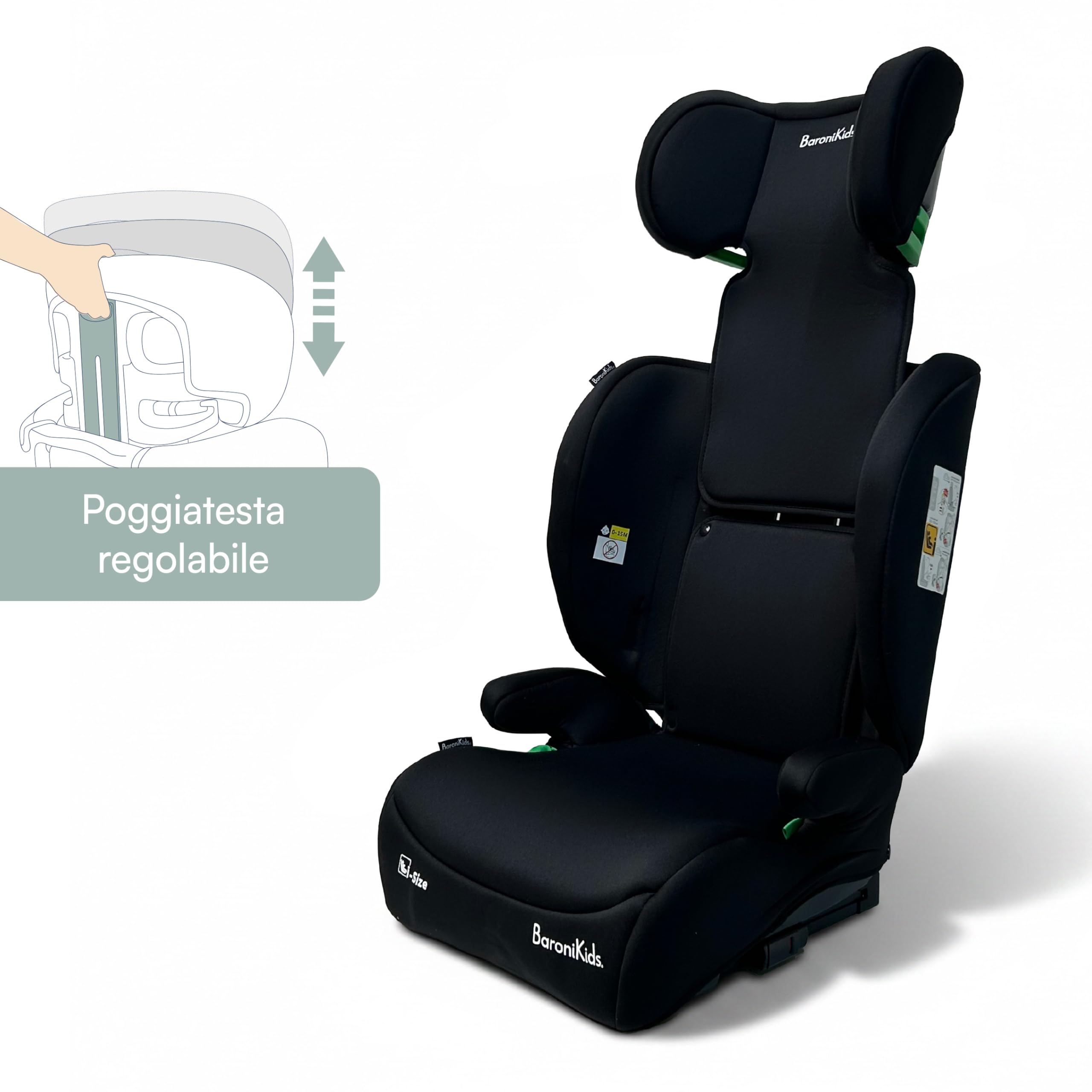 Rehausseur de voiture avec dossier i-Size 100-150 cm, appuie-tête réglable, siège rembourré, housse amovible et lavable (standard + Isofix)