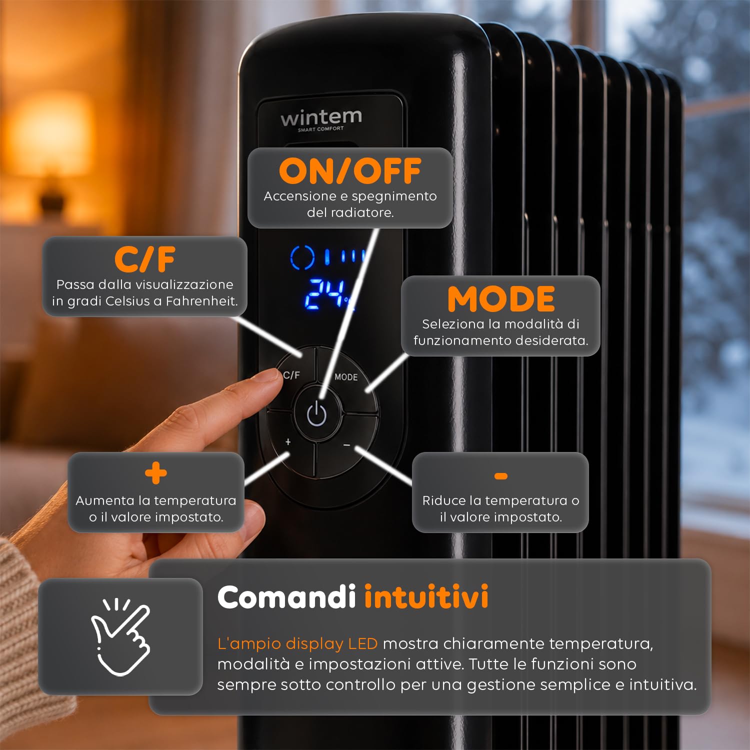 Radiatore Elettrico ad Olio 9 Elementi da 1500 Watt con Timer Programmabile per Accensione e Spegnimento - Display Digitale a Led e Telecomando, 60cm