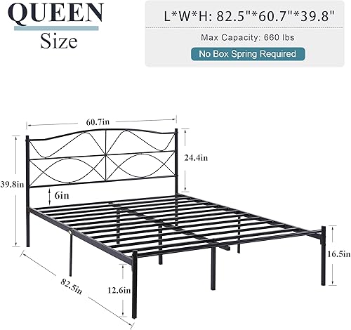 Miniatura 2 de VECELO Marco de cama tamaño Queen, plataforma de cama de metal con cabecero, soporte de listones de acero resistente, no necesita somiersin ruido,