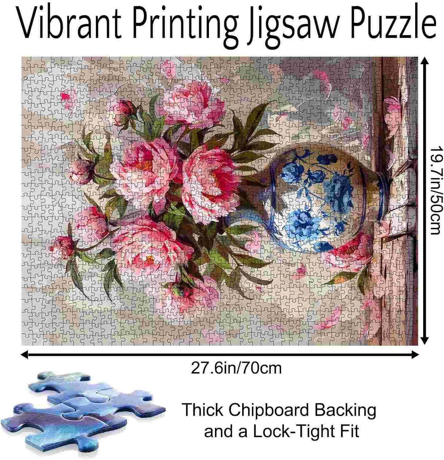 Celadon Oil Bouquet Flower Puzzles for Adults 1000 Pieces,Colorful Flower Puzzle,Fine Art Jigsaw Puzzles Pink Peony Chinese Style Vase Painting,Floral Hard Challenging Classical Painting Puzzles