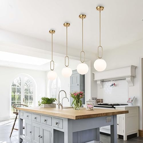 Miniatura 2 de BAODEN Moderna lámpara colgante de globo dorado con pantalla de cristal de globo blanco, paquete de 2 varillas ajustables con acabado de latón