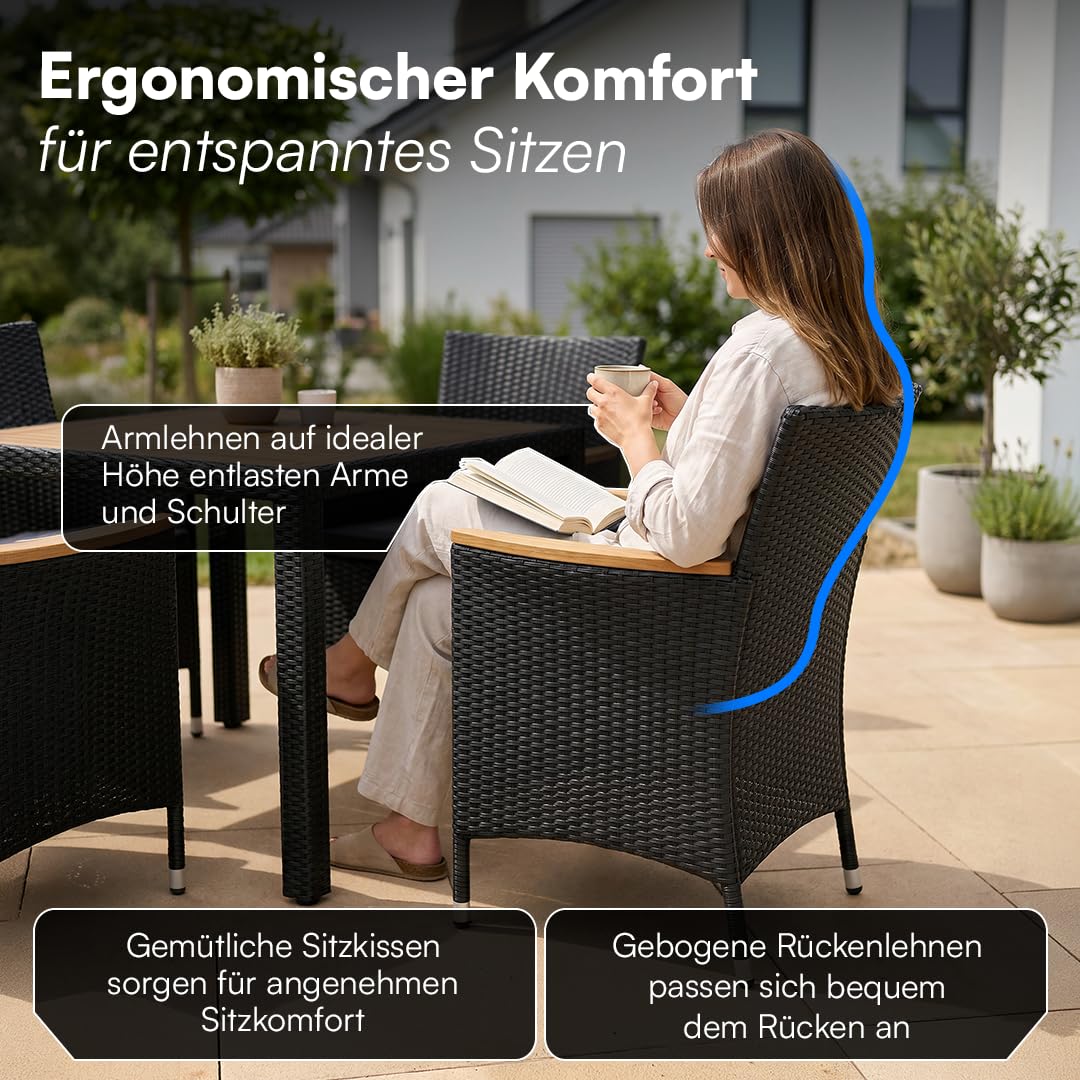 STEELSØN Fawaris Polyrattan Sitzgruppe Outdoor 5-tlg. - Gartentisch mit 4x Gartenstuhl und Kissen – Gartenmöbel Set aus Akazienholz – Gartengarnitur Outdoor wetterfest Garten/Terrasse/Balkon - schwarz