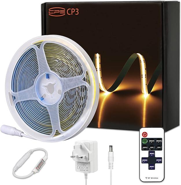 CP3 12V COB Flexible LED Strip Light Kits 6000K Natural White 5M 400LEDs/Meter Dimmable No Hot Spots Bendable Continuous Lights Tape CRI 80+ with RF Remote and UL Power Supply for DIY Home Decoration
