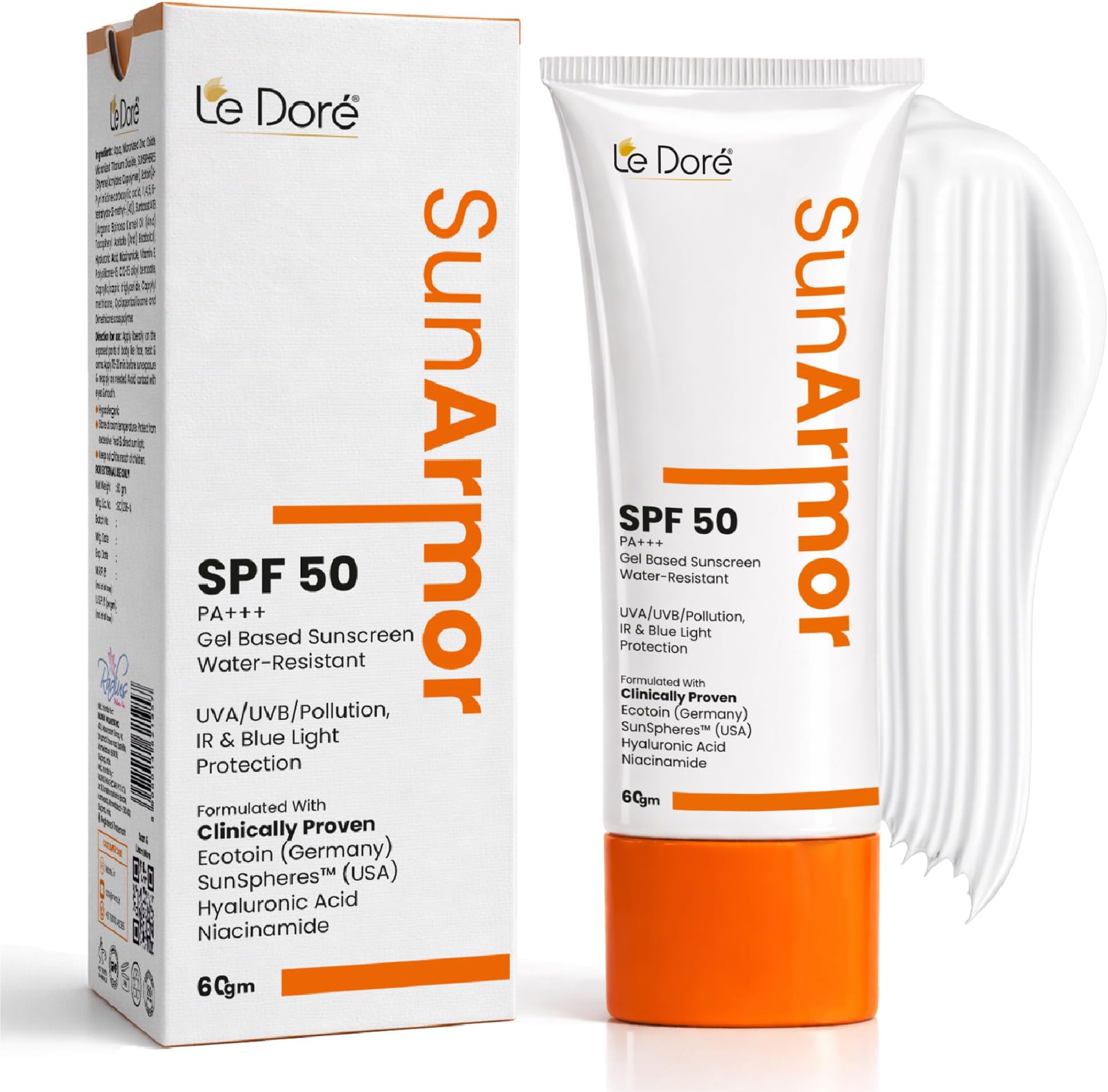 Le Dore Sunarmor SPF 50 PA+++ Gel Sunscreen | Broad Spectrum Protection from UVA/UVB, IR, Blue Light & Pollution | Lightweight, Non-Greasy & Hydrating | With Hyaluronic Acid & Antioxidants | 60g
