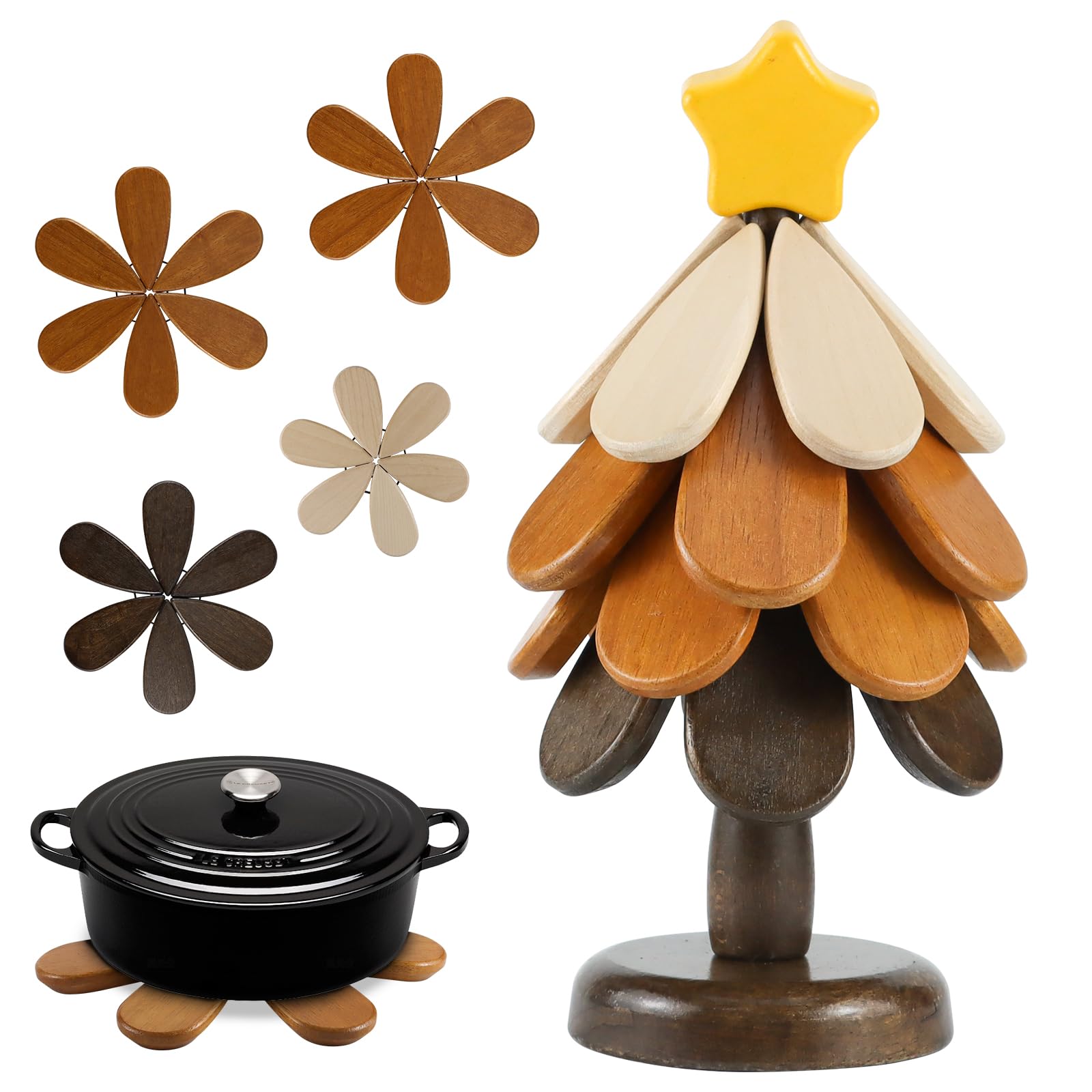 Set Di 3 Sottopentola In Legno Di Noce A Forma Di Albero – Pieghevoli Con Supporto Per Cucina - 2