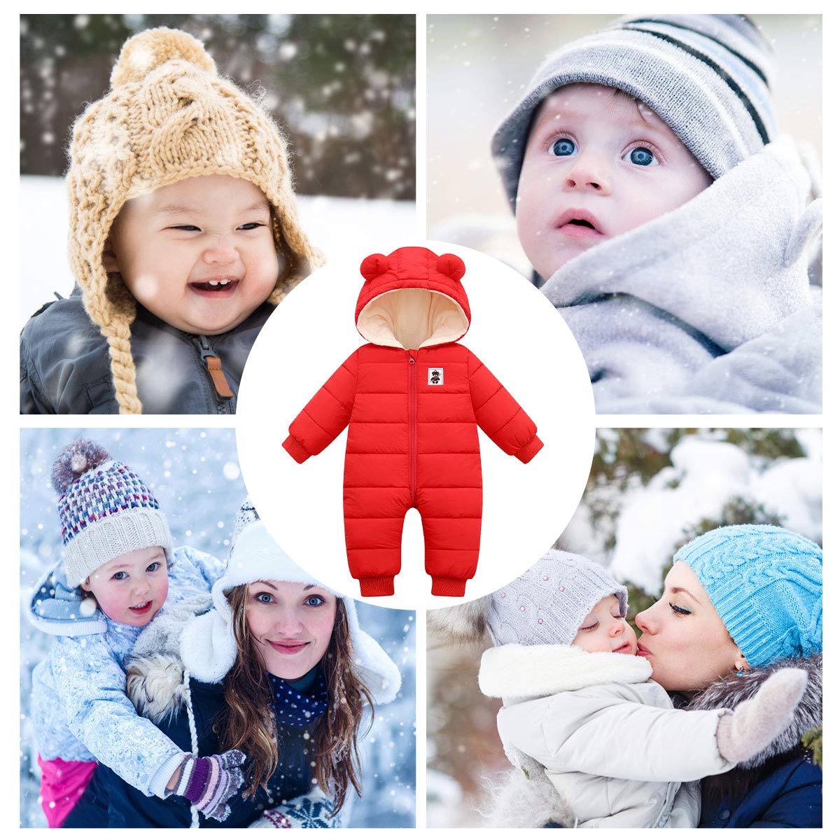 Happy Cherry - Bébé Combinaison de Neige Hiver Vêtement de Ski Fille Garçon Barboteuses Chaud à Capuche Grenouillère Manteau Manche Longue Enfant Jumpsuit Plein Air Imprimé Mignons - 0-36 Mois