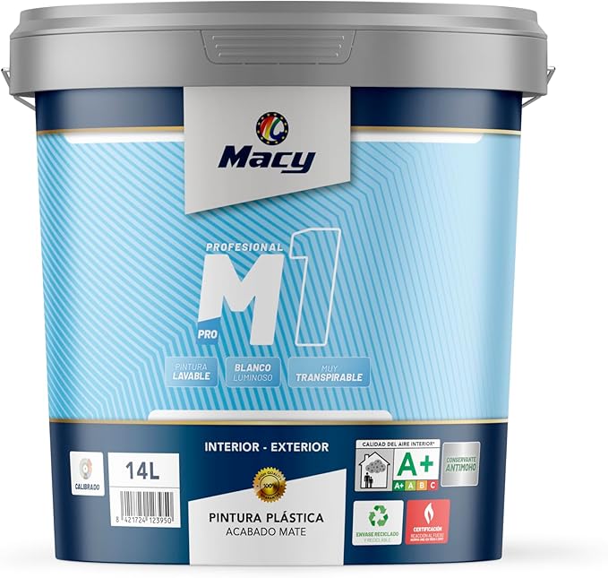 Macy Pintura Plástica Mate M-1 Antimoho para Interior y Exterior con Conservante Antimoho. 4 Litros. Color Blanco