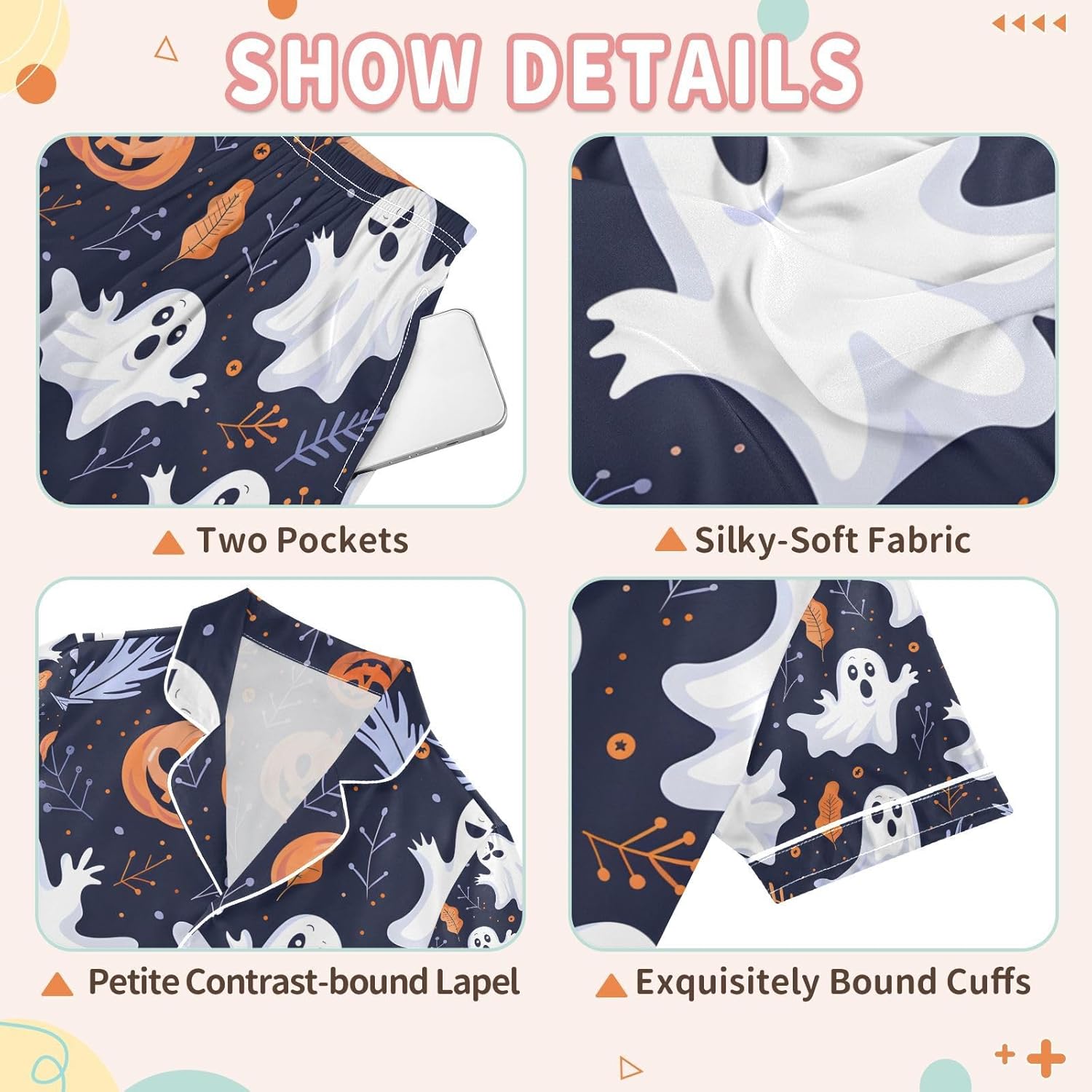 senya Halloween Ghost Elements Satin Summer Pajama Sets Silk Short Sleeve Button Down Sleepwear