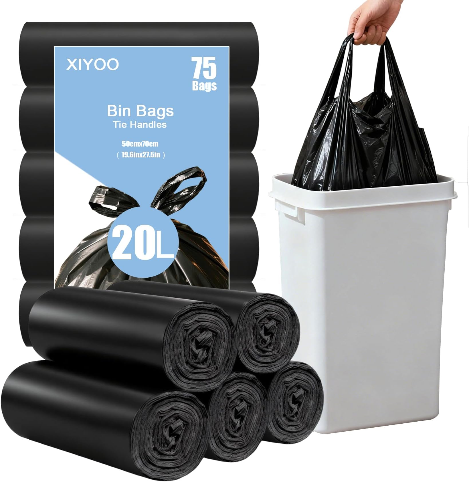 Pedal Bin Bags 20L Bin Liners with Tie Handle 75 Counts Black Heavy-Duty Rubbish Bags Strong Plastic Trash Bags fit 15-18L Waste Bin