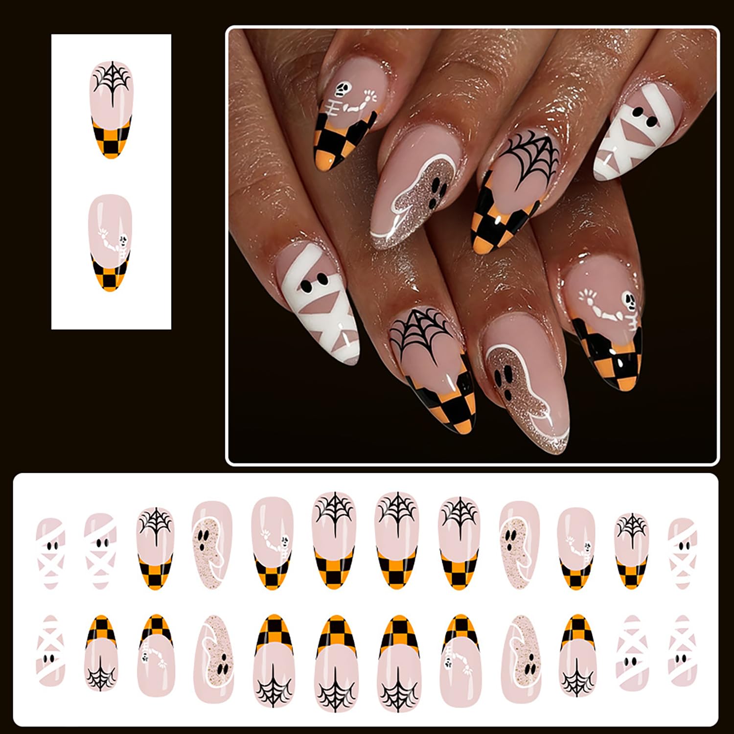 RIICFDD Halloween Almond Press on Nails Medium French Ghost Skull Fake Nail
