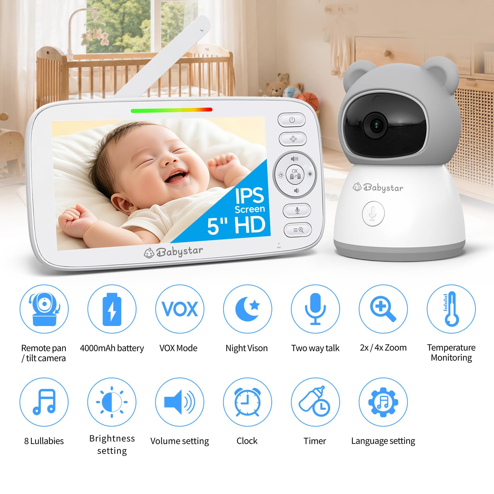 Babystar Baby Monitor con Telecamera Senza Wi-Fi, Monitor 5 Pollici 720P