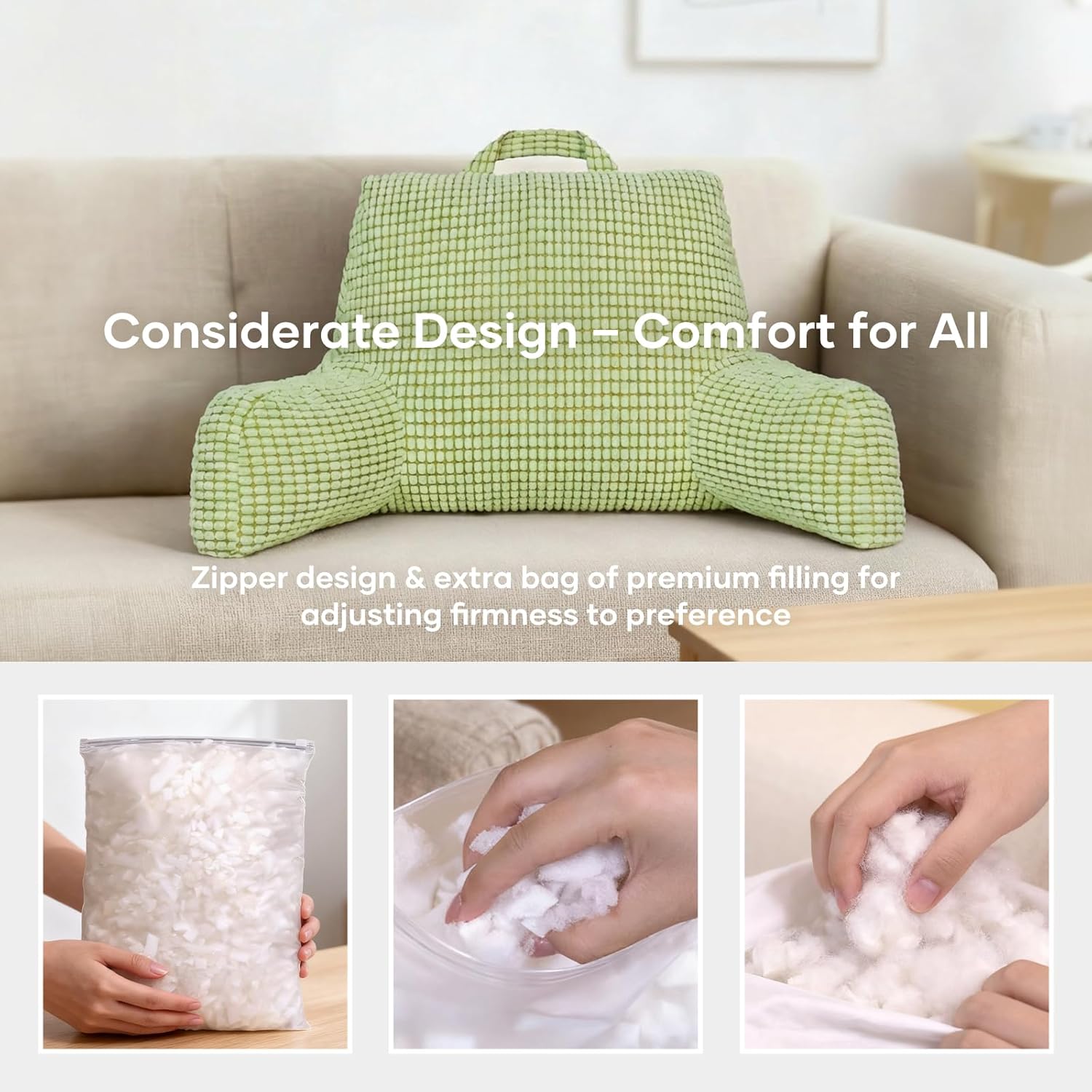 NOONTIDE Reading Pillow with Top Handle,Uniquely Designed Soft Fabric, Ergonomic Back Support for Bed,Cover Washable Sit up Pillow,Watching TV/Gaming/Relaxing(Green)