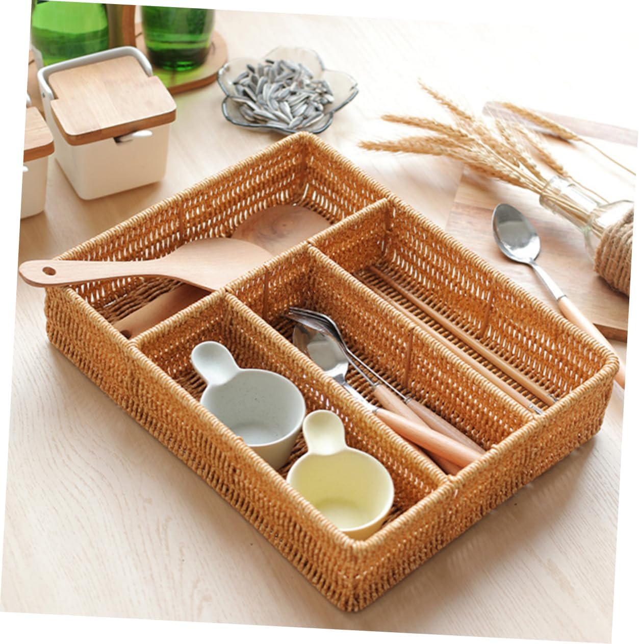 Space-saving Woven Utensils Organizer for Kitchen Desk Compact Storage Basket Dividers for Cutlery Silverware and Cooking Tools