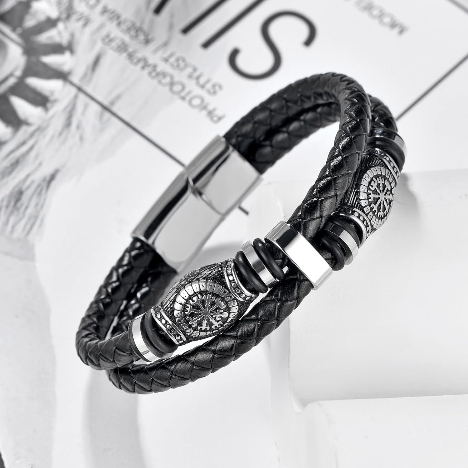 Viking Leather Bracelet for Men, Multi-Layer Braided Black Leather Bracelet with Stainless Steel Vegvisir Compass Beads& Clasp,Norse Jewelry for Daily Wear & Gift - Image 4