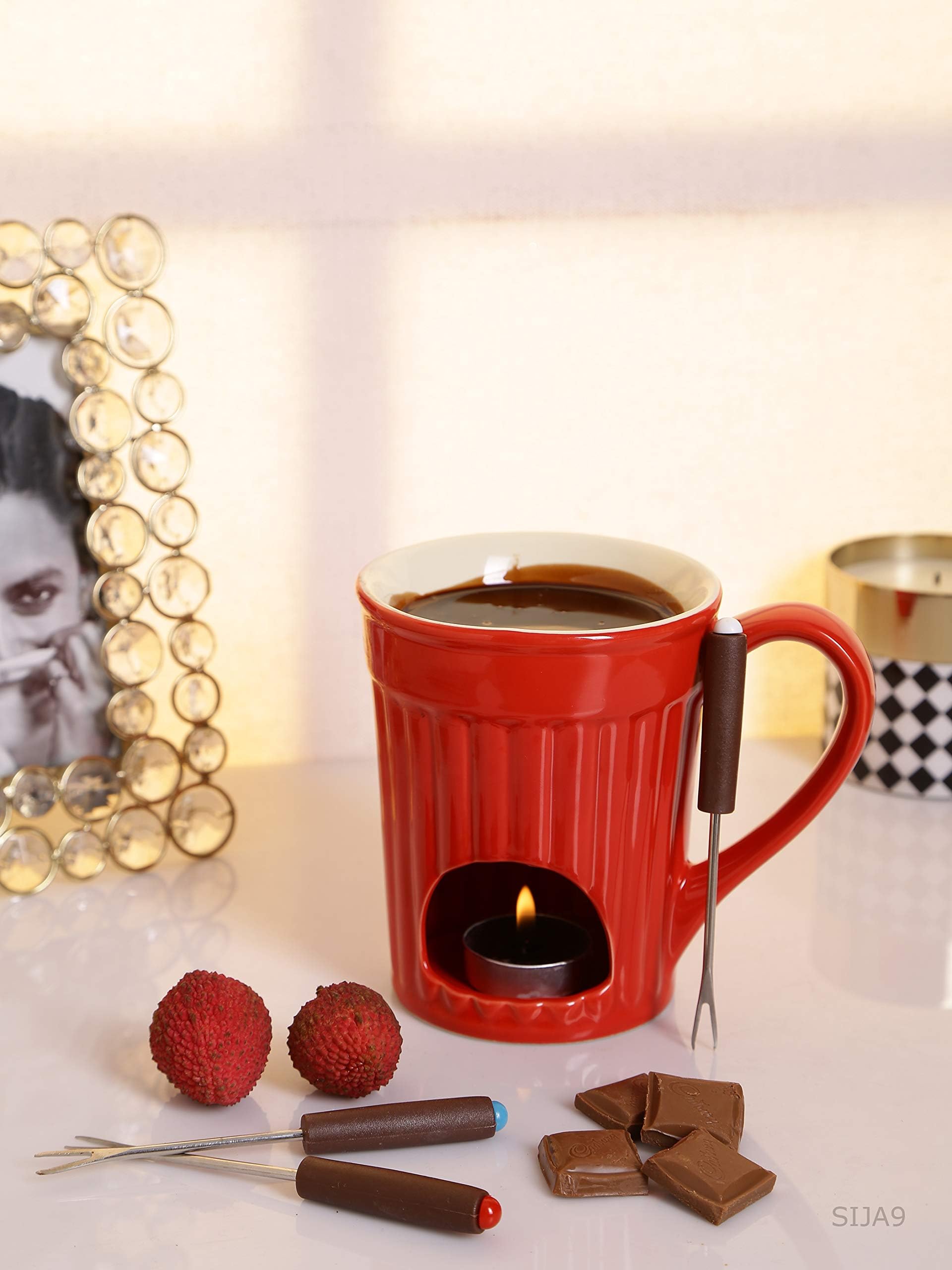 Goodhomes Chocolate Fondue Set with 2 Candles & 4 Forks in a set (Set of 7 Pcs)