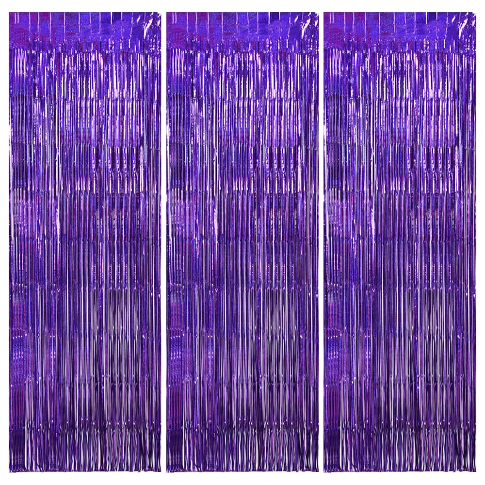 3Pcs Laser Purple Door Streamers,Laser Purple Photo Booth Backdrop Metallic Streamers Foil Fringe Curtains for Halloween,Birthday,Christmas,New Year,Bachelorette,Grad Party(9.9ft x 6.6ft) — image 1