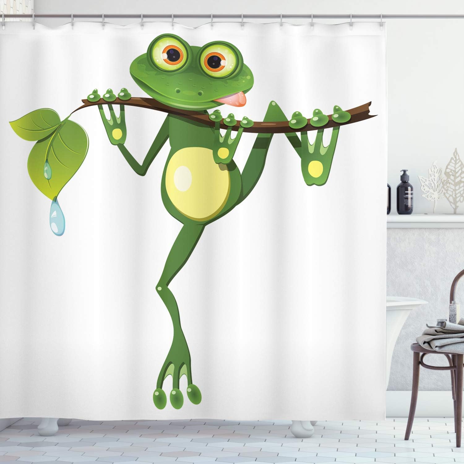 Ambesonne Animal Shower Curtain, Little Frog on Branch of The Tree in Rainforest Nature Jungle Life Art Earth, Cloth Fabric Bathroom Decor Set with Hooks, 69" W x 70" L, Green White Yellow