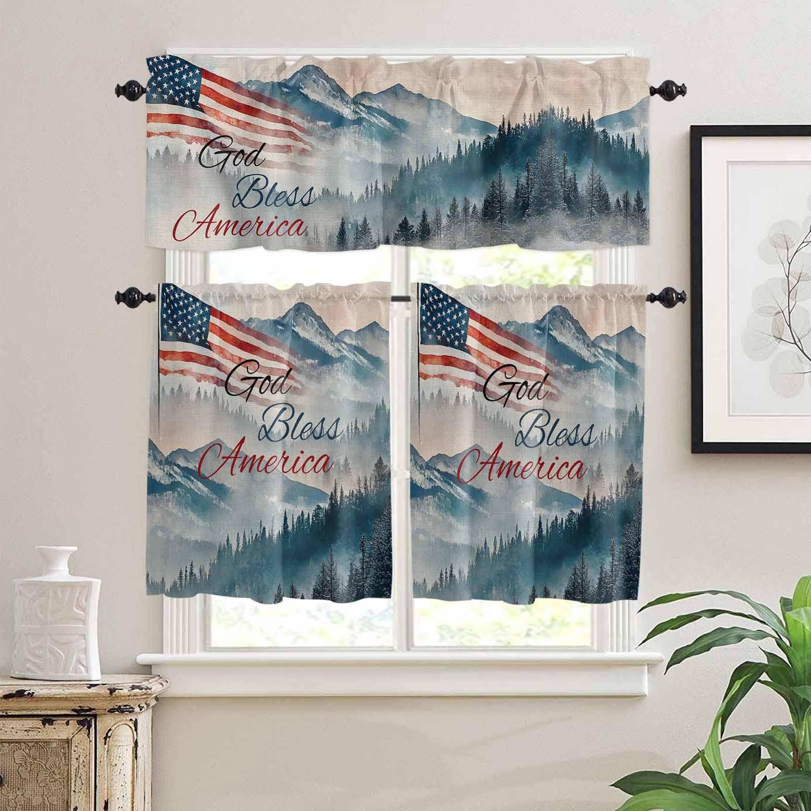 American Flag Kitchen Curtains 36 Inch Length,3 Piece Rod Pocket Small Half Tiers and Valance Set,4th of July Independence Day Forest Rustic Small Large Window Treatment Decor for Bedroom/Bathroom