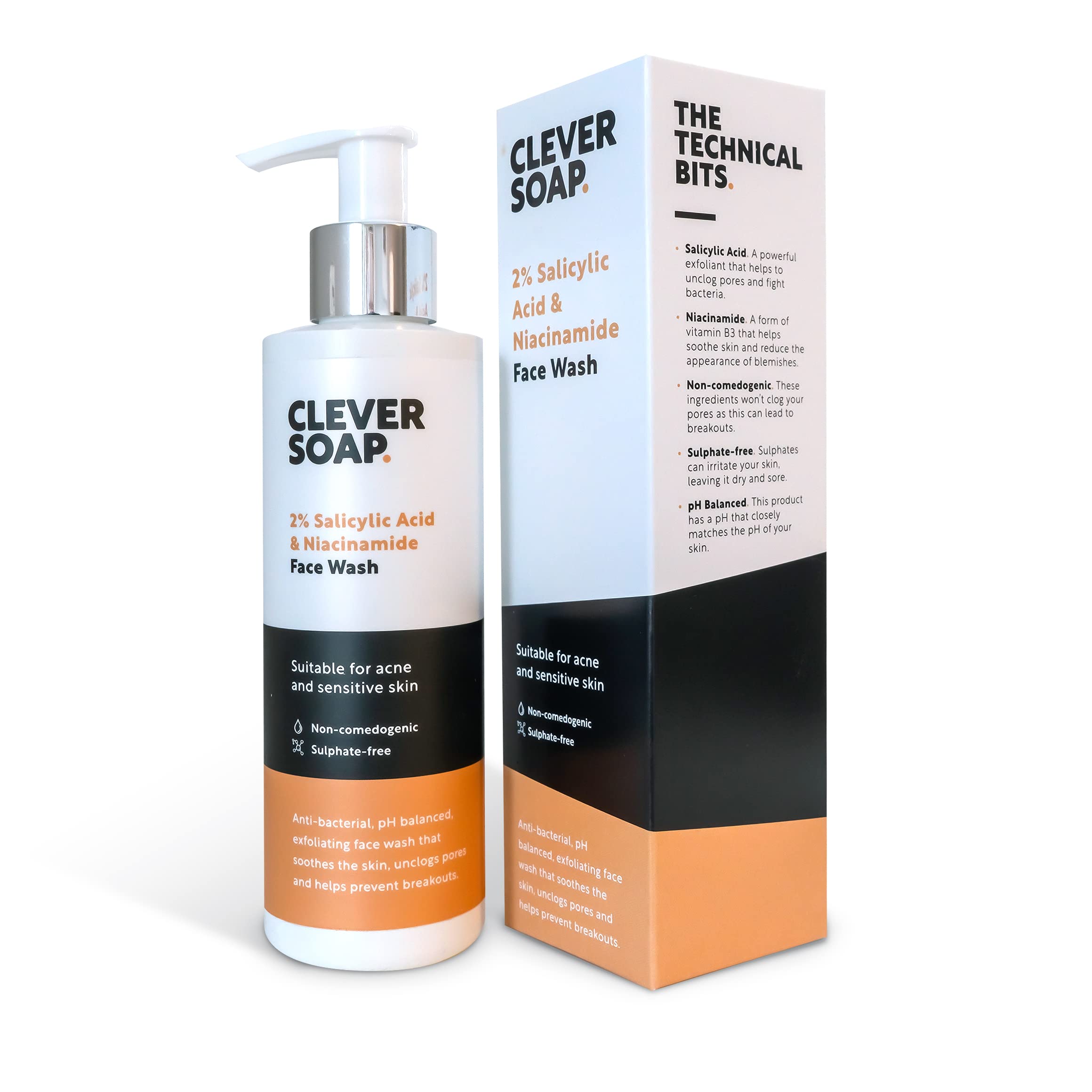 Clever Soap2% Salicylic Acid & Niacinamide Face Wash - Blemish Control For Oily, Sensitive Skin - Exfoliating, Antibacterial Cleanser - Suitable For Acne & Spots - Fragrance Free, For Men & Women