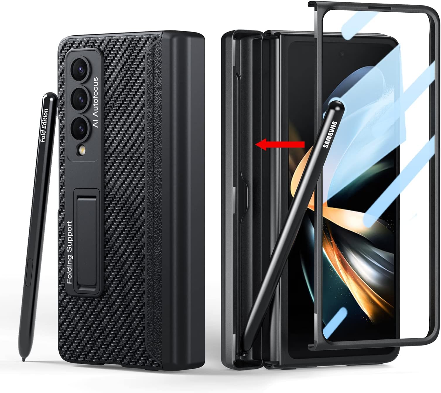 Compatible with Samsung Galaxy Z Fold 4 Case, Built in Hidden S Pen Holder to Avoid Pen Lost, Leather on Back, Screen Protector, Hinge Protection, Wireless Charging Cover 5G 2022-Carbon Fiber