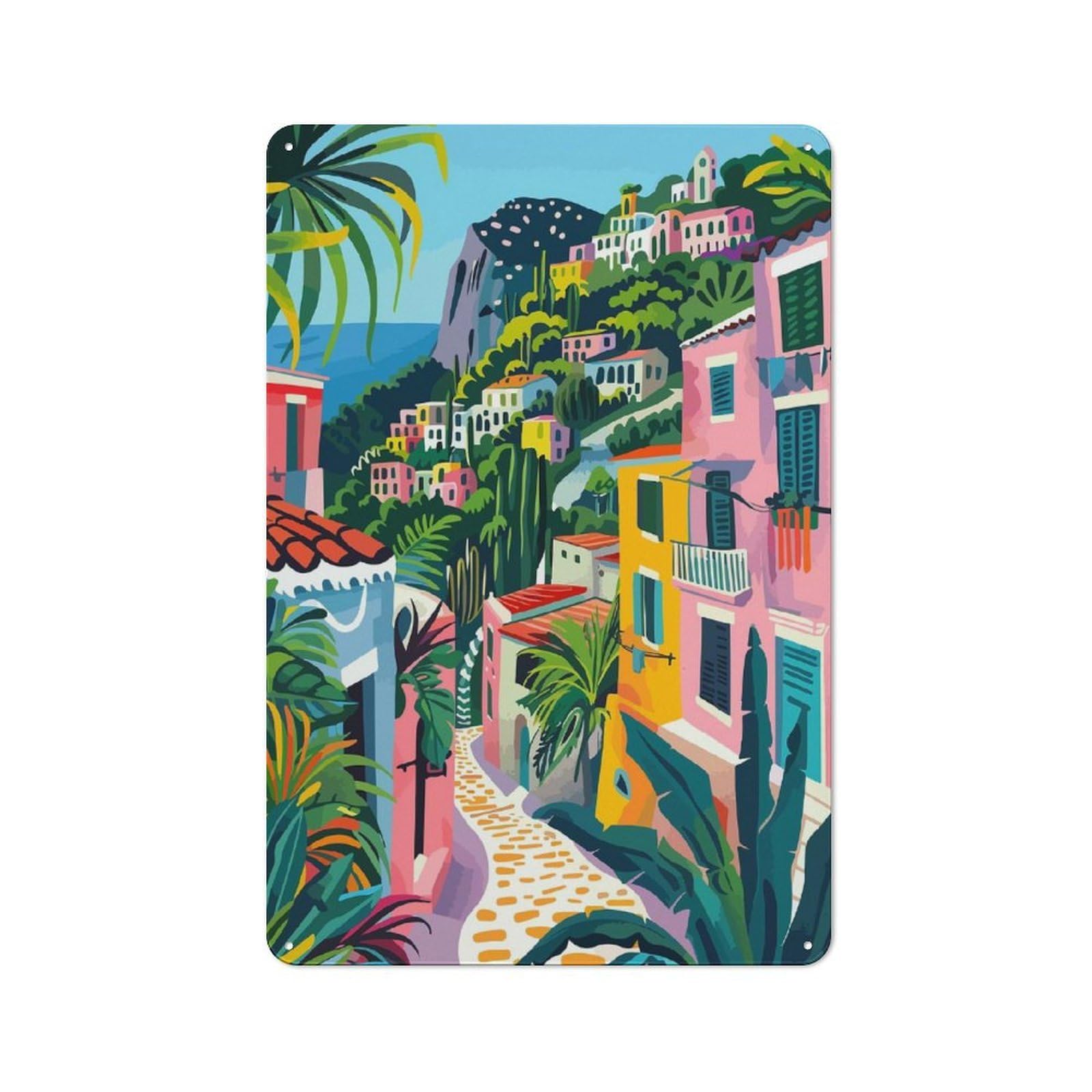 Junmoney Mediterranean Village Capri Italy Tin Wall Plaque 30X20cm With For Studio Or Craft Room, For Cooler-Season Styling In Studio And Craft Room
