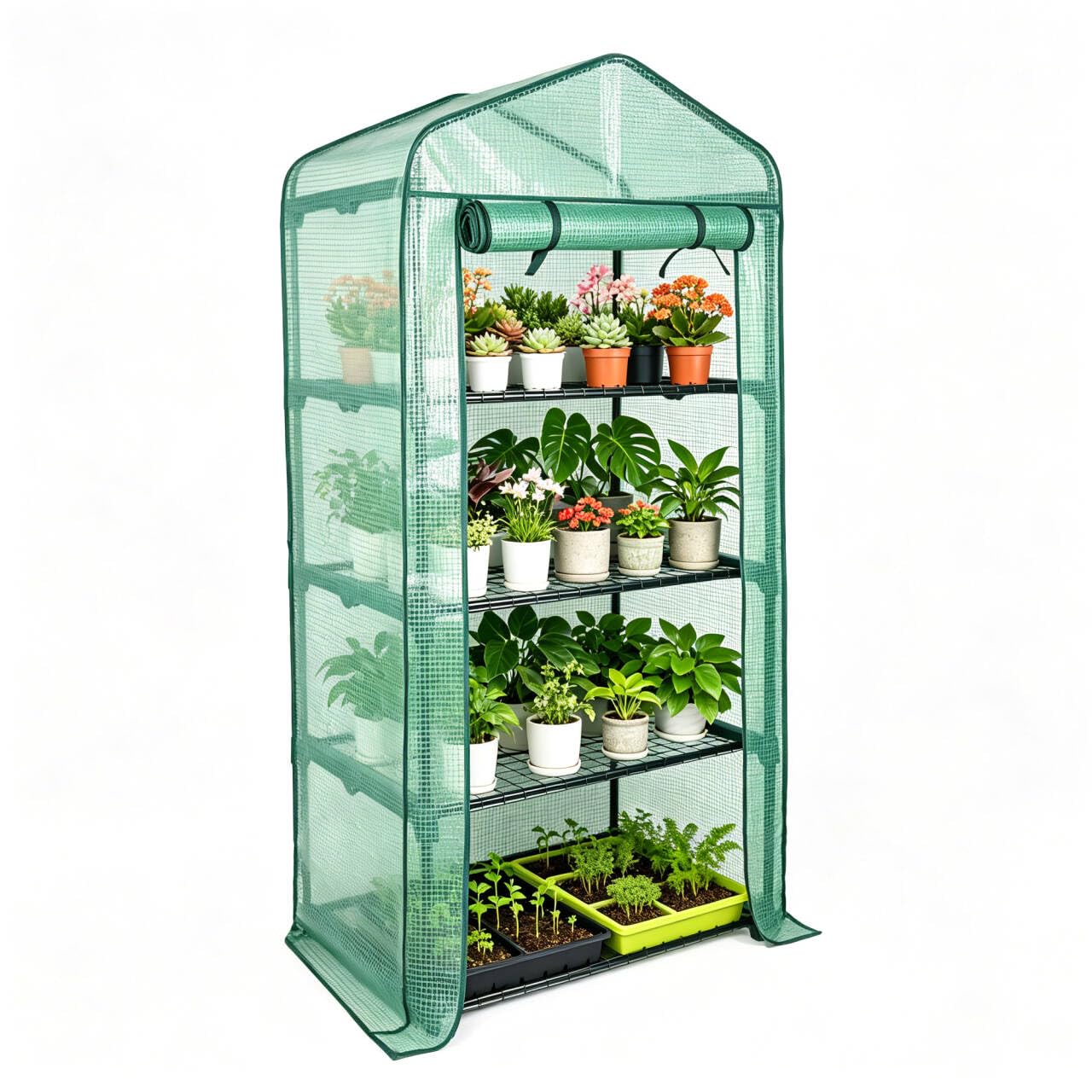 Worth Ogrodowa 4-poziomowa mini szklarnia – 160 cm wys. x 71 cm dł. x 45 cm szer. – stabilne przenośne półki ogrodowe z wytrzymałą osłoną PE z zwijanymi drzwiami na zamek błyskawiczny – mały zielony