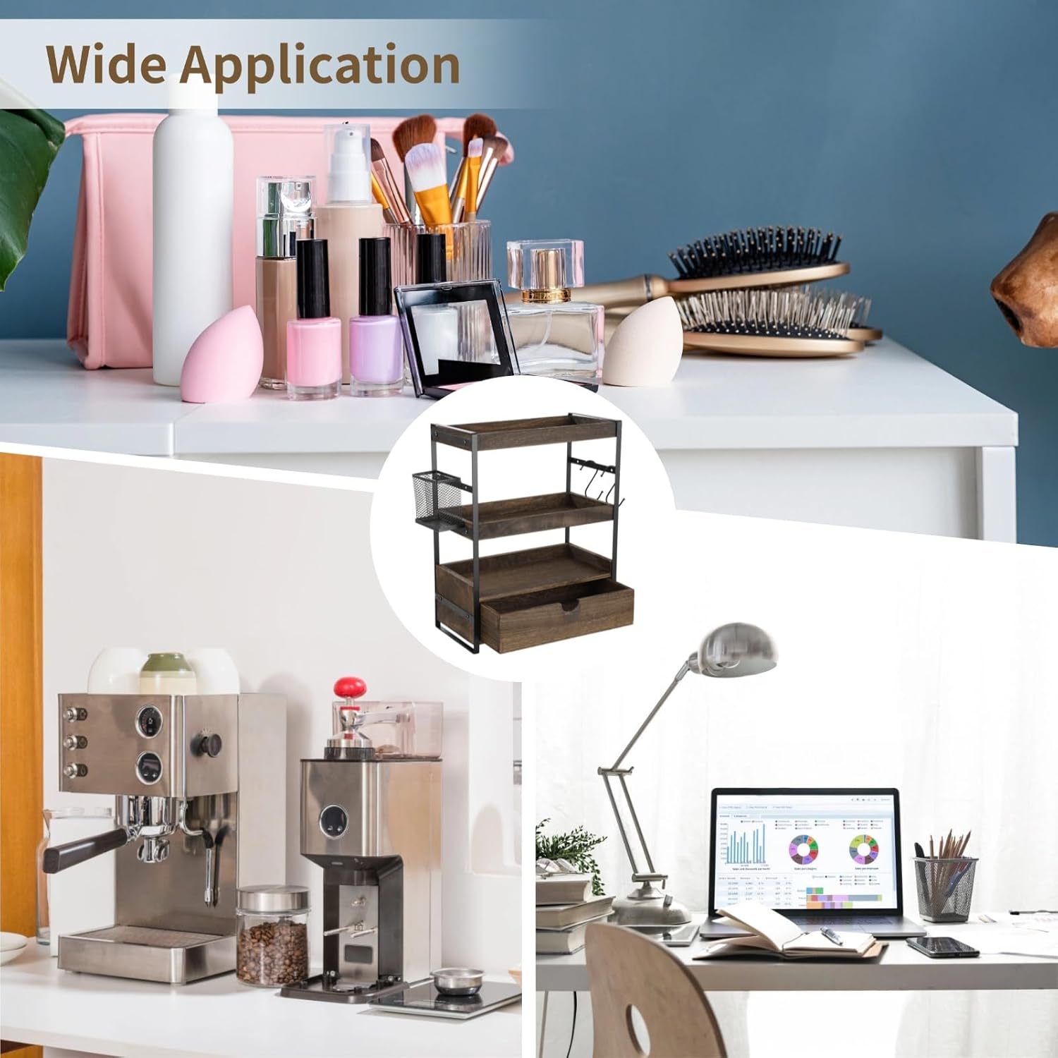 3 Tier Bathroom Countertop Organizer with Drawer, Wood Metal Vanity Shelf with Basket and Hooks, Countertop Storage Rack for Skincare, Perfume, Makeup, Kitchen Coffee Bar