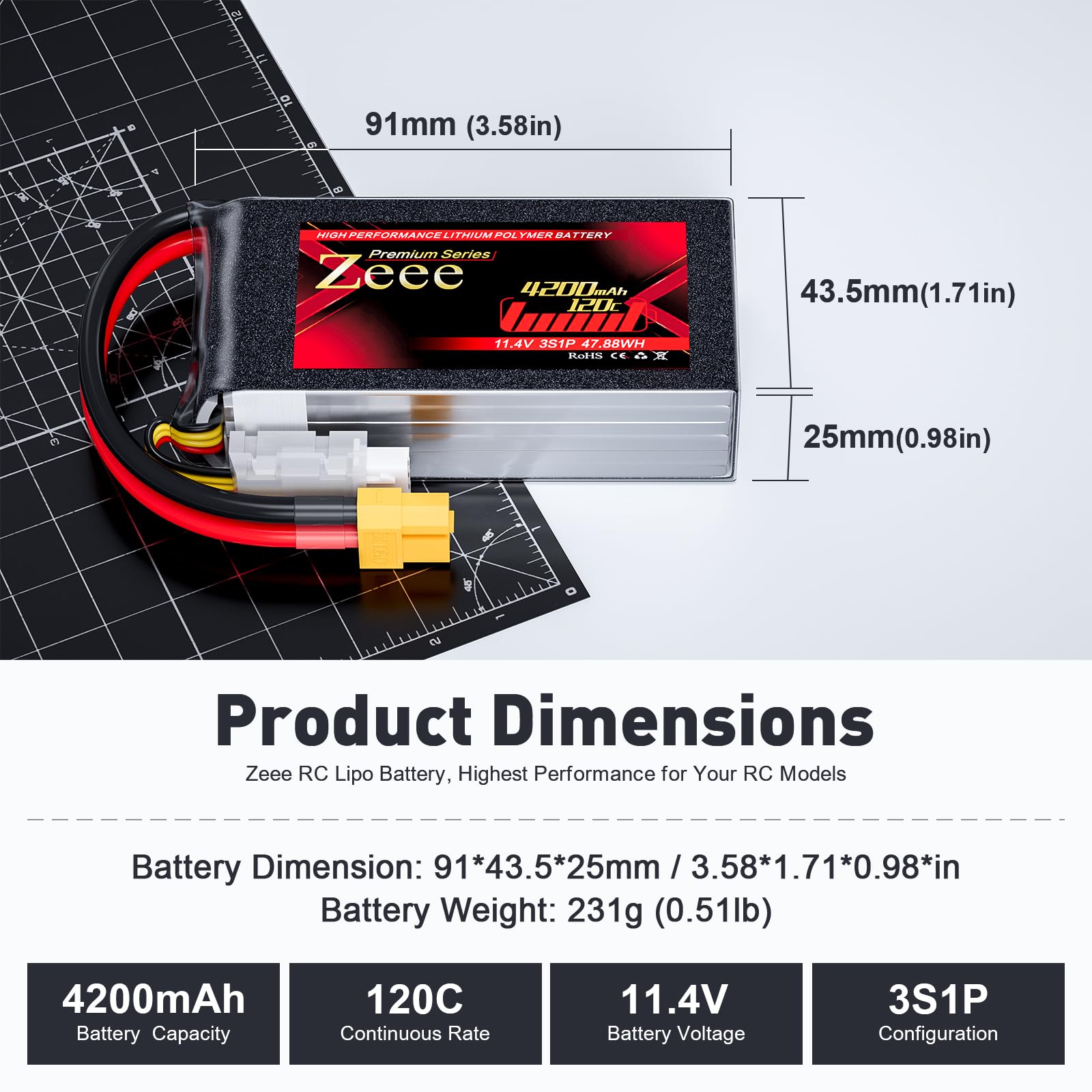 Zeee 3S Lipo Batteria Premium Serie 4200mAh 120C 11.4V Batteria Alta Tensione Corta con Spina XT60 Compatibile con Rock Crawler Elicottero Aeroplano Drone Boat Racing Modelli (2 Pezzi)