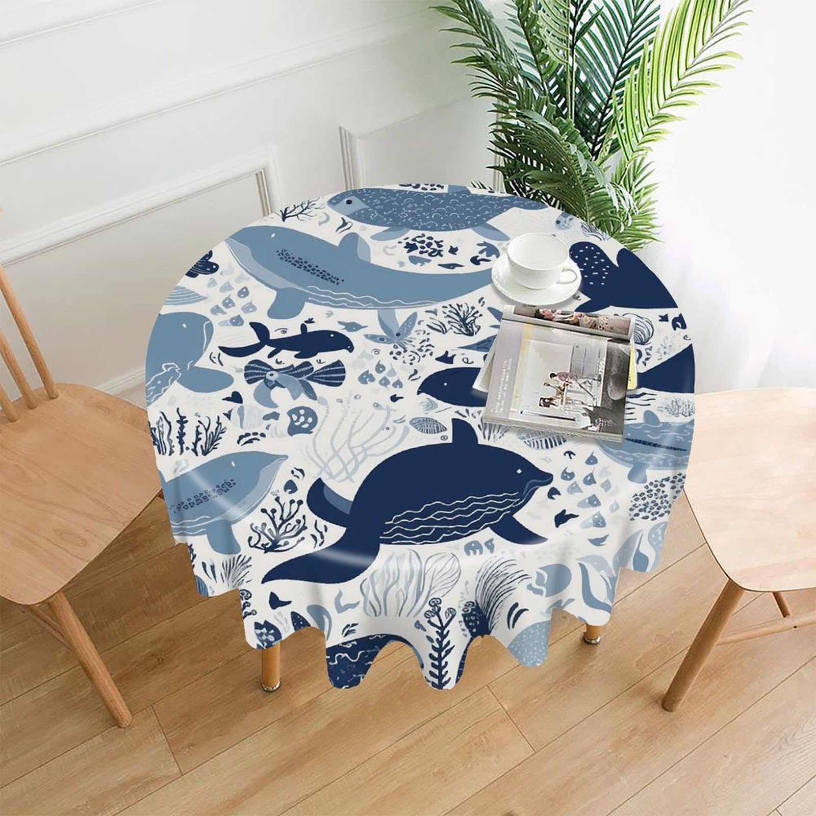 LZQPOEAS Turtle Octopus Pattern Ocean Theme Tablecloth Decorative Round Table Cloth Wrinkle Resistant Round Tablecloth Washable Circle Table Cover for Kitchen Dining Party Wedding Camping 60 Inch