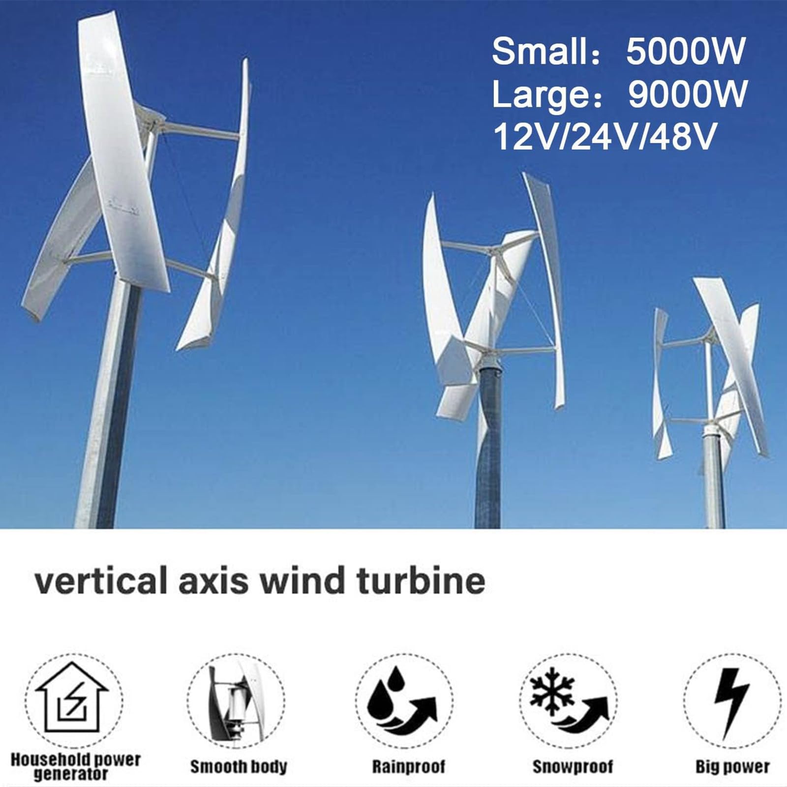 5000W 9000W Sin Ruido Generador de turbina eólica Vertical, 12V 24V 48V 3 Cuchillas Levitación Magnética Vertical Generador De Viento Vertical con Controlador MPPT 5000W-12V