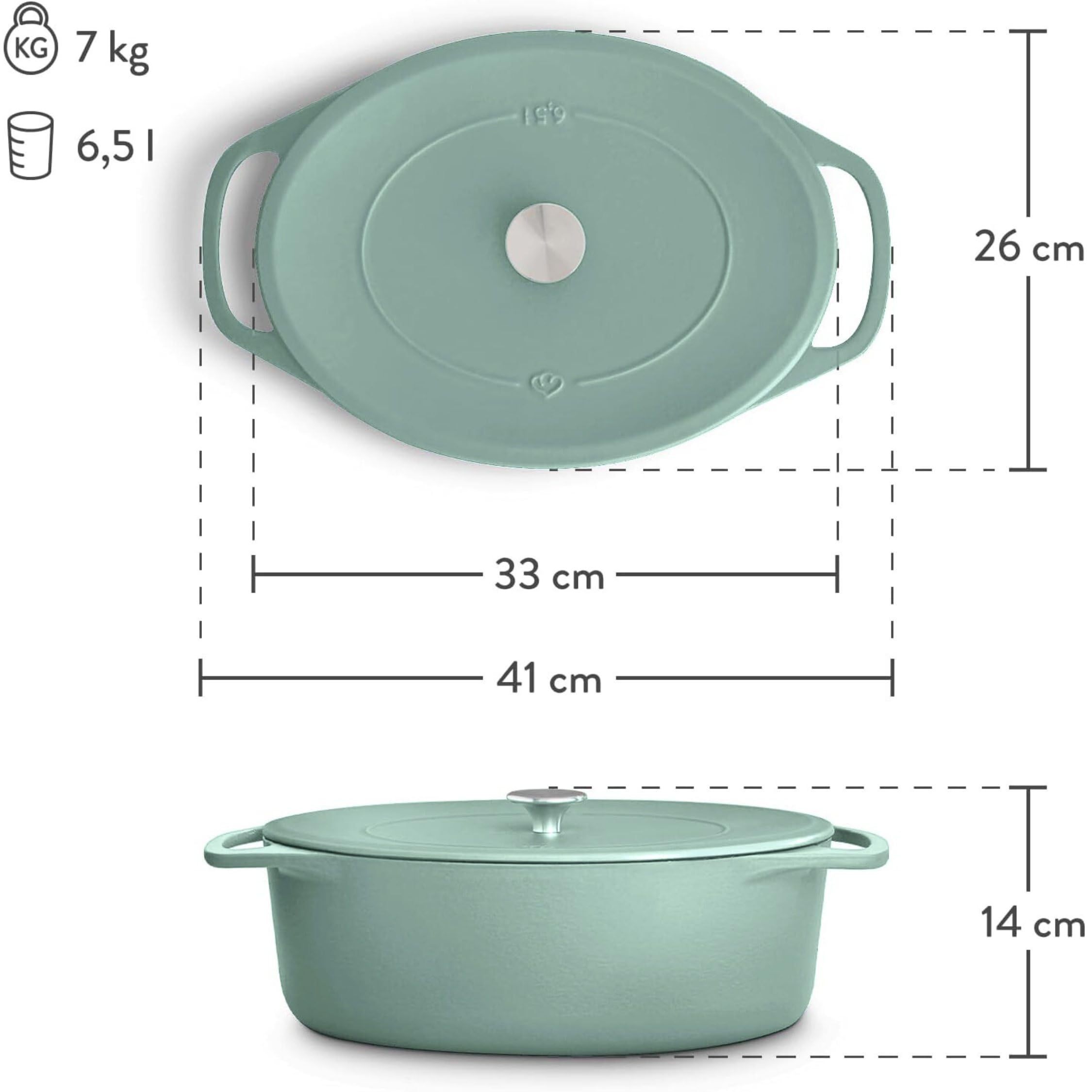 SPRINGLANE Cocotte - Cacerola ovalada con tapa, 33 cm, 6,5 L, hierro fundido, para inducción