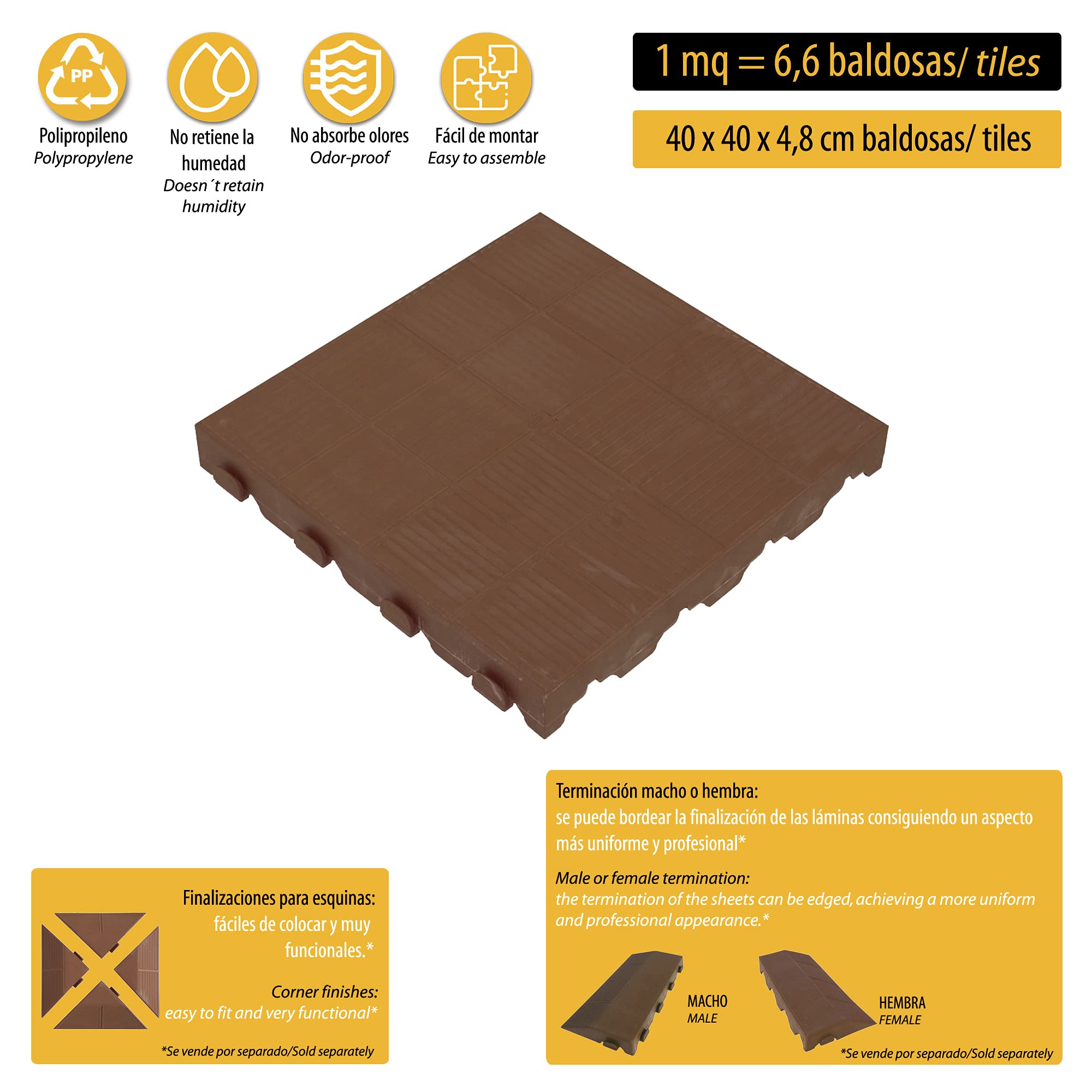 WELL HOME MOBILIARIO & DECORACIÓN Pack de 6 baldosas plásticas para suelo exterior de 39x39x4,8 cm. Superficie total 0,9m2 Colección COMBI - Marrón