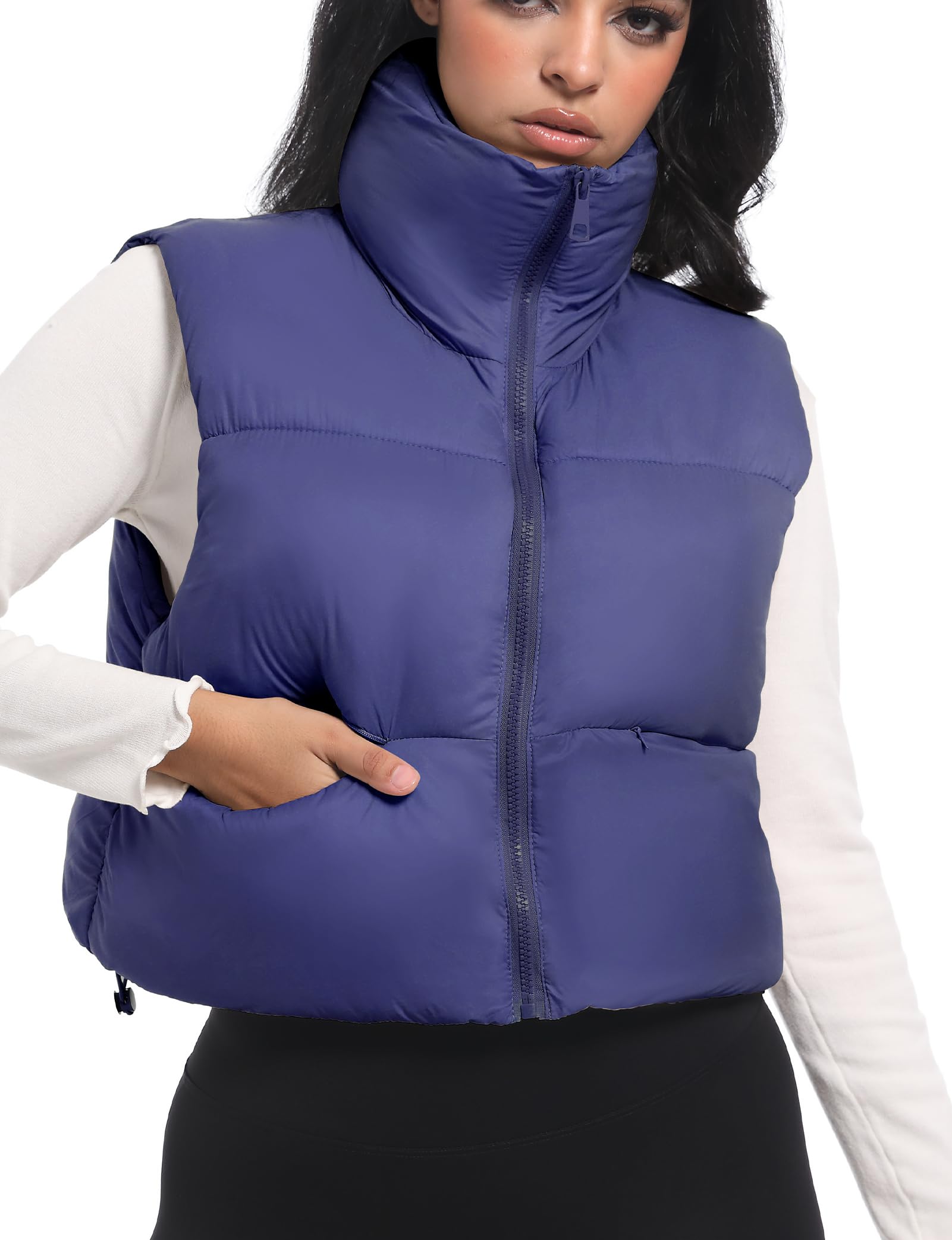 Buauty Cropped Puffer Vest Women Winter Puffy Vest with Pockets Lightweight Stand Collar Zip Up Sleeveless Jacket
