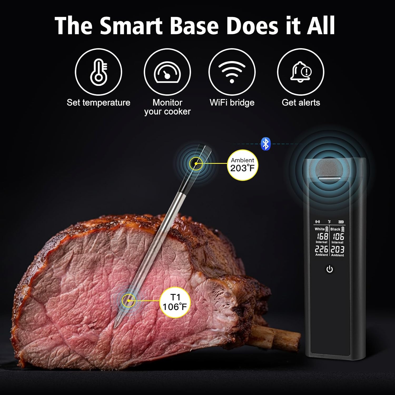 Dual Probe Wireless Meat Thermometer with Digital Large Display, Long Range App Control, Heat Resistant & Waterproof, 0.5S Instant Read, Real-Time Monitoring & Smart Alerts for BBQ, Grill, Oven