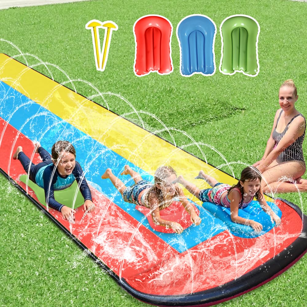 Scivolo d'Acqua Triplo Racer 480x210CM, Scivolo Acquatico Giardino con Irrigatore e 3 Tavole Gonfiabili, per Bambini Adulti