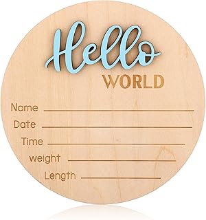 Newborn Announcement Sign, 15cm/5.9in Wooden Hello World Newborn Sign Birth Baby Name Plaques for Boys and Girls Baby Shower Photo Props or Hospital Nursery Decor (Blue)