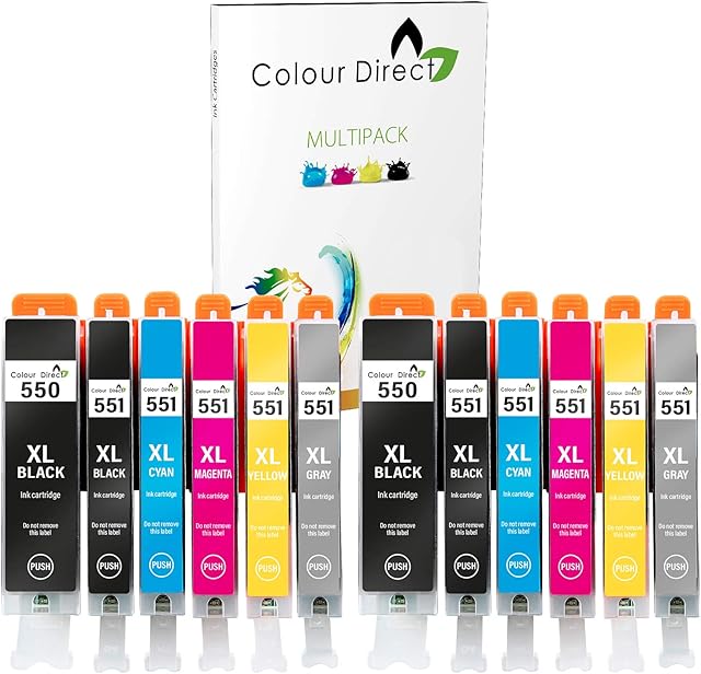 ColourDirect Replacement 550 551 For Canon iP8750 MG6340 MG6350 MG7150 MG7500 MG7550 Ink Cartridges ( 12 Pack Include Grey )