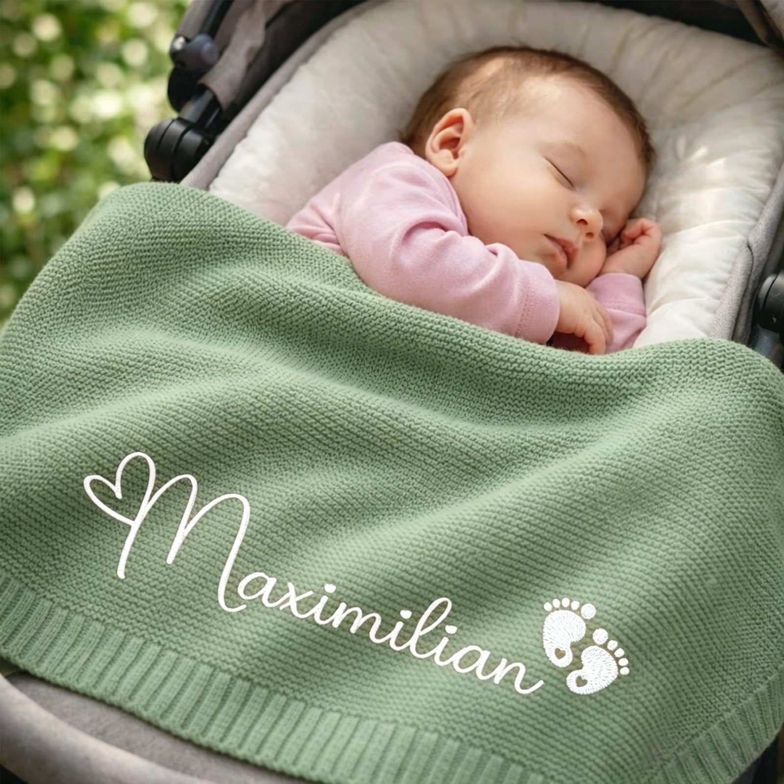 ZZTINGC Personalized Baby Blanket with Name and Icon, Cotton Knitted Blanket for Newborn, Custom Embroidered Gift for Toddler Stroller, Baby Shower(Light Green)