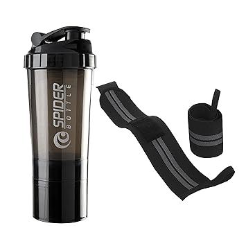 Fitness Combo Gym Shaker Bottle with Wrist Band Support Gym & Sports Kit l Weightlifting l Powerlifting l Wrist Band l Gym Shaker l Shaker Bottle l Gym Bottle (500) ML (Black)