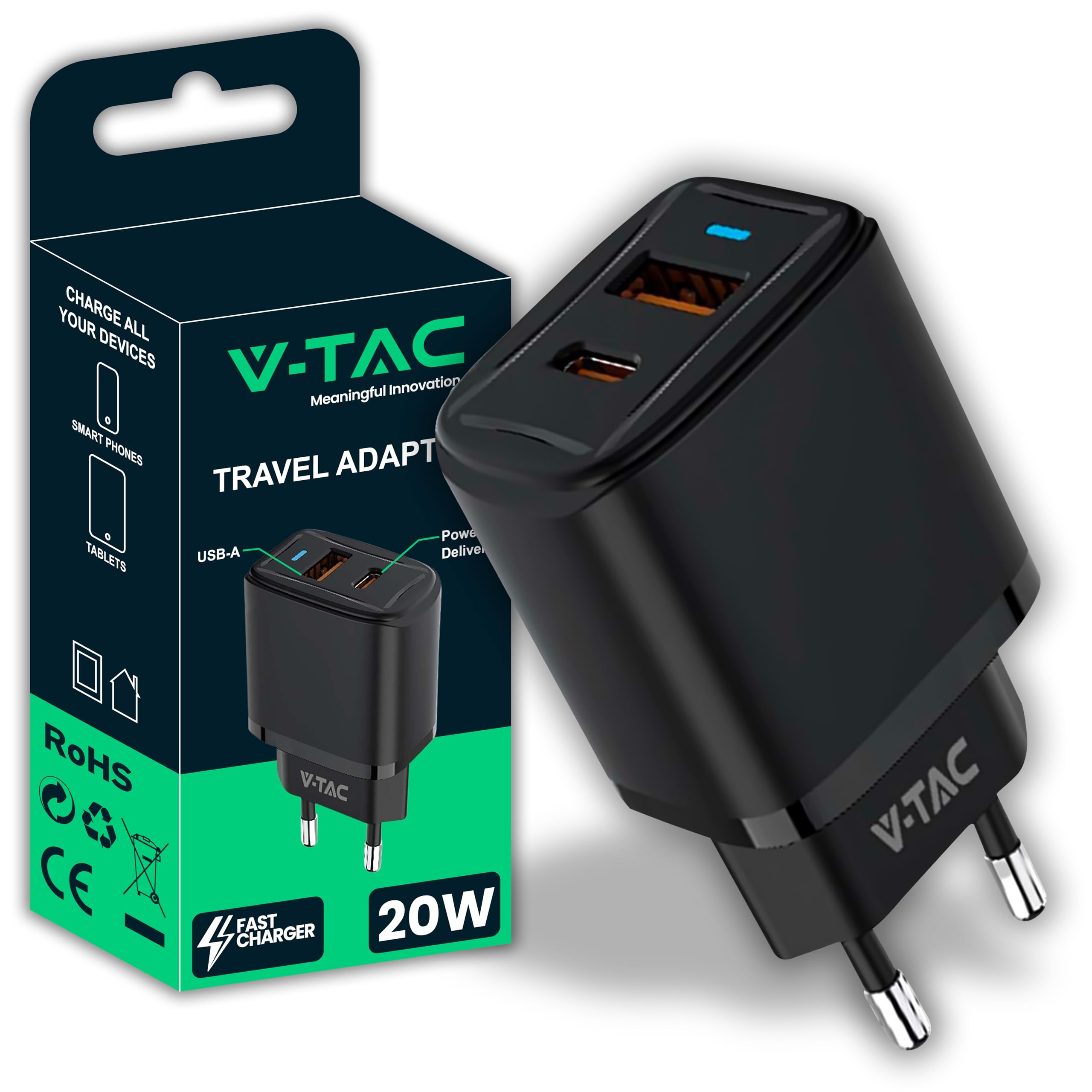 V-TAC Caricatore Rapido USB-C 20W per Iphone e Samsung – [SUPER PICCOLO] - per Smartphone e Dispositivi – 2 Porte: Type C + USB A - Compatibile Iphone 14/15/16/17 PRO/MAX e Galaxy S25 / S26 / A56