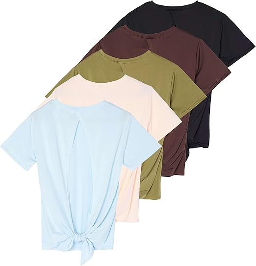 Real Essentials 5 Pack: Women's Short Sleeve Open Back Tie Back Dry-Fit T-Shirt Yoga Gym Workout Top