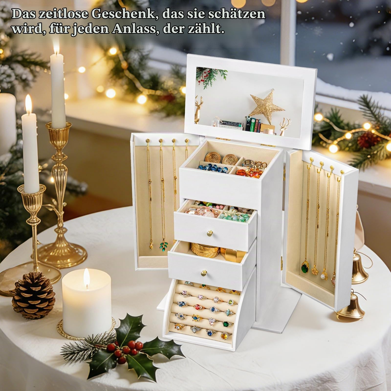 Schmuckkästchen, Schmuckaufbewahrung, Leder Groß Schmuckkasten Organizer mit Spiegel, 4 Ebenen Schmuckbox für Ringe, Ohrringe, Halsketten, Armbänder (Weiß)