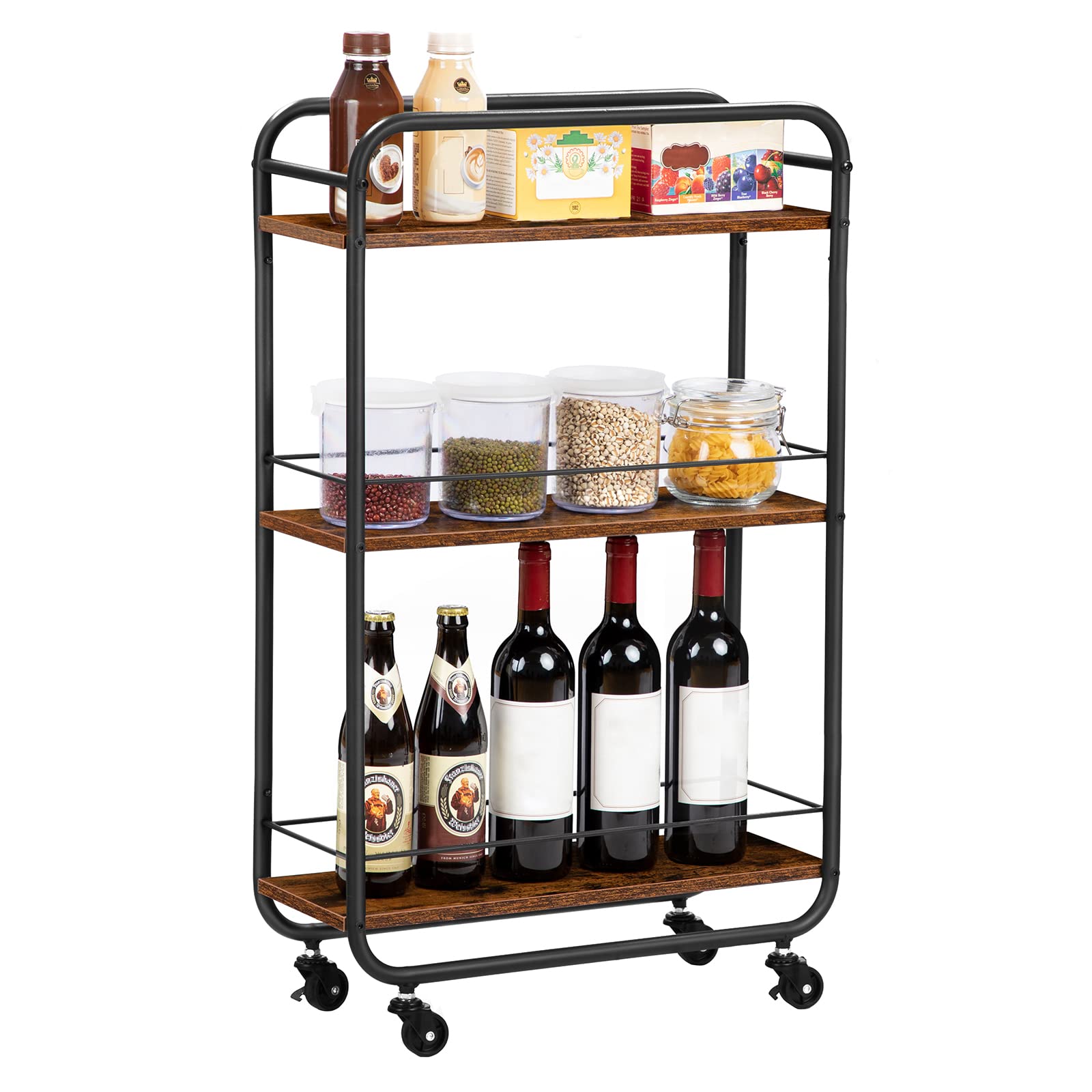 HOOBRO Slim Storage Cart, 3-Tier Narrow Cart with Handle, 7.5''W Slide Out Rolling Utility Cart Mobile Shelving Unit Organizer for Small Spaces Kitchen Laundry Narrow Places, Rustic Brown BF18TC01