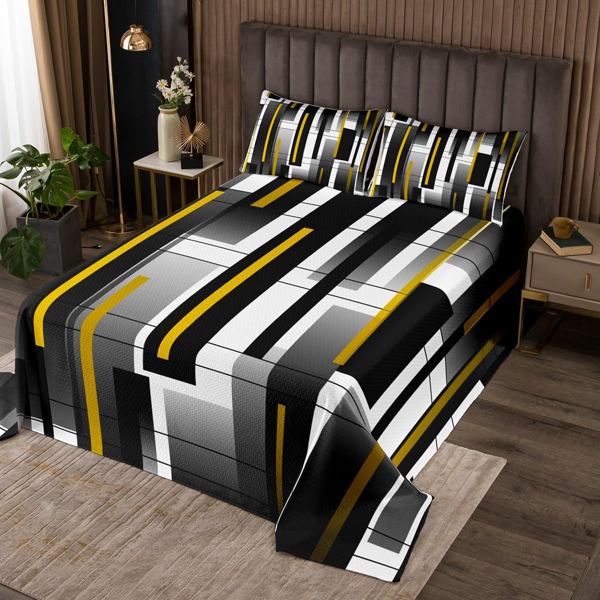 Abstract Geometry Bedding Set Twin Size Black Yellow White Bed Set for Girls Teens Bedroom Decor Kids Modern Simple Fitted Sheet Soft Microfiber Square Grid Bed Cover(1 Fitted Sheet+1 Pillow Case)