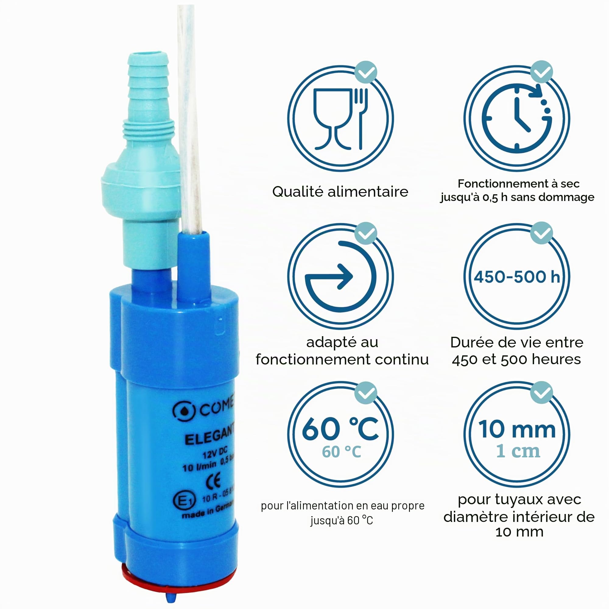 Comet Elegant Pompe à eau 12 V avec clapet anti-retour (fixe) + filtre – Kit avec ebook de camping – Pour camping-car, caravane, pompe submersible