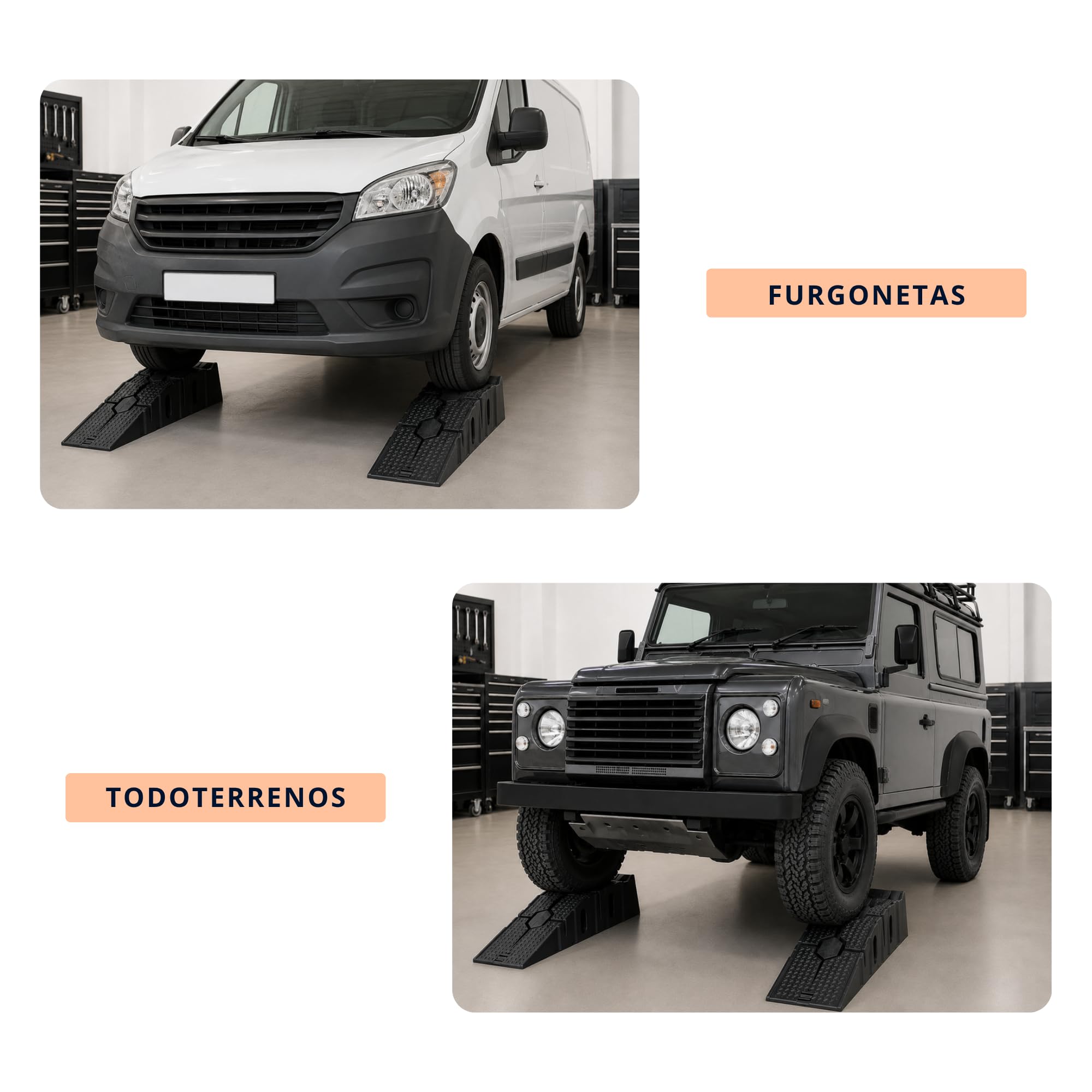 Rampas Elevadoras para Coche, Juego de 2, Plástico Composite, Capacidad 2,5 Toneladas, Antideslizantes, con Tope de Seguridad, para Talleres y Garajes