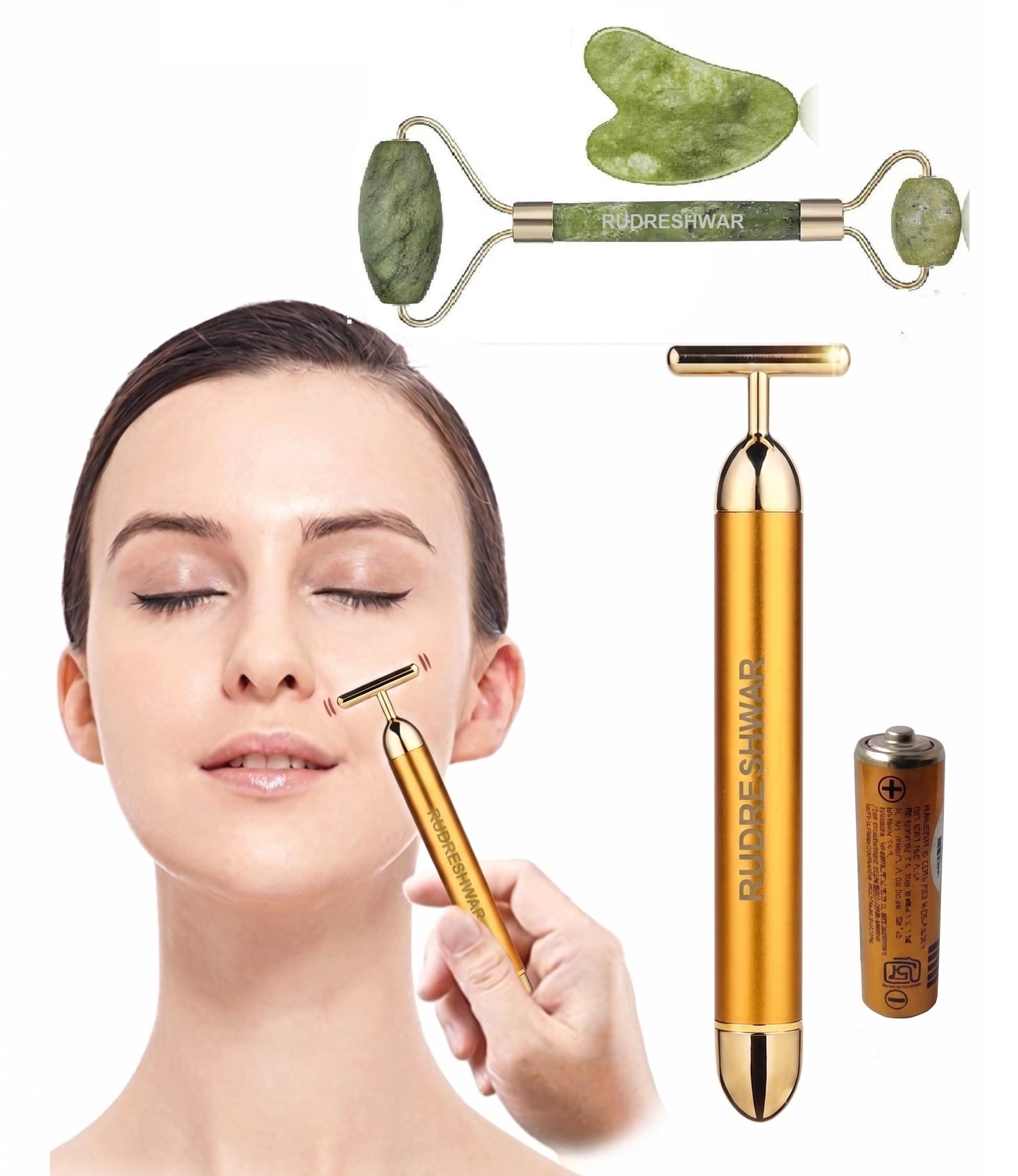 24K Gold Beauty Bar Face Massager Roller with Natural Jade Roller & Gua Sha Stone Combo | Electric Vibrating Facial Massager Tool & Real Jade Stone Facial Roller Set for Face Lift, Skin Tightening & Anti-Aging-image-32