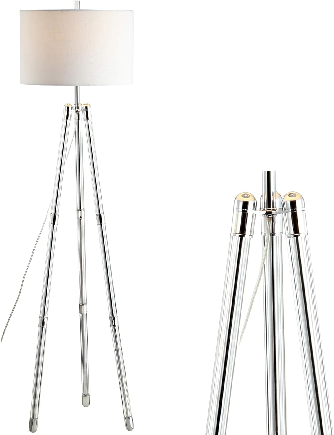 JONATHAN Y 60" Chrome Arliss Surveyor's Tripod Metal and Crystal LED Floor Lamp, Modern Glam Standing Lamp with White Linen Drum Shade for Living Room, LED Bulb Included JYL2081A